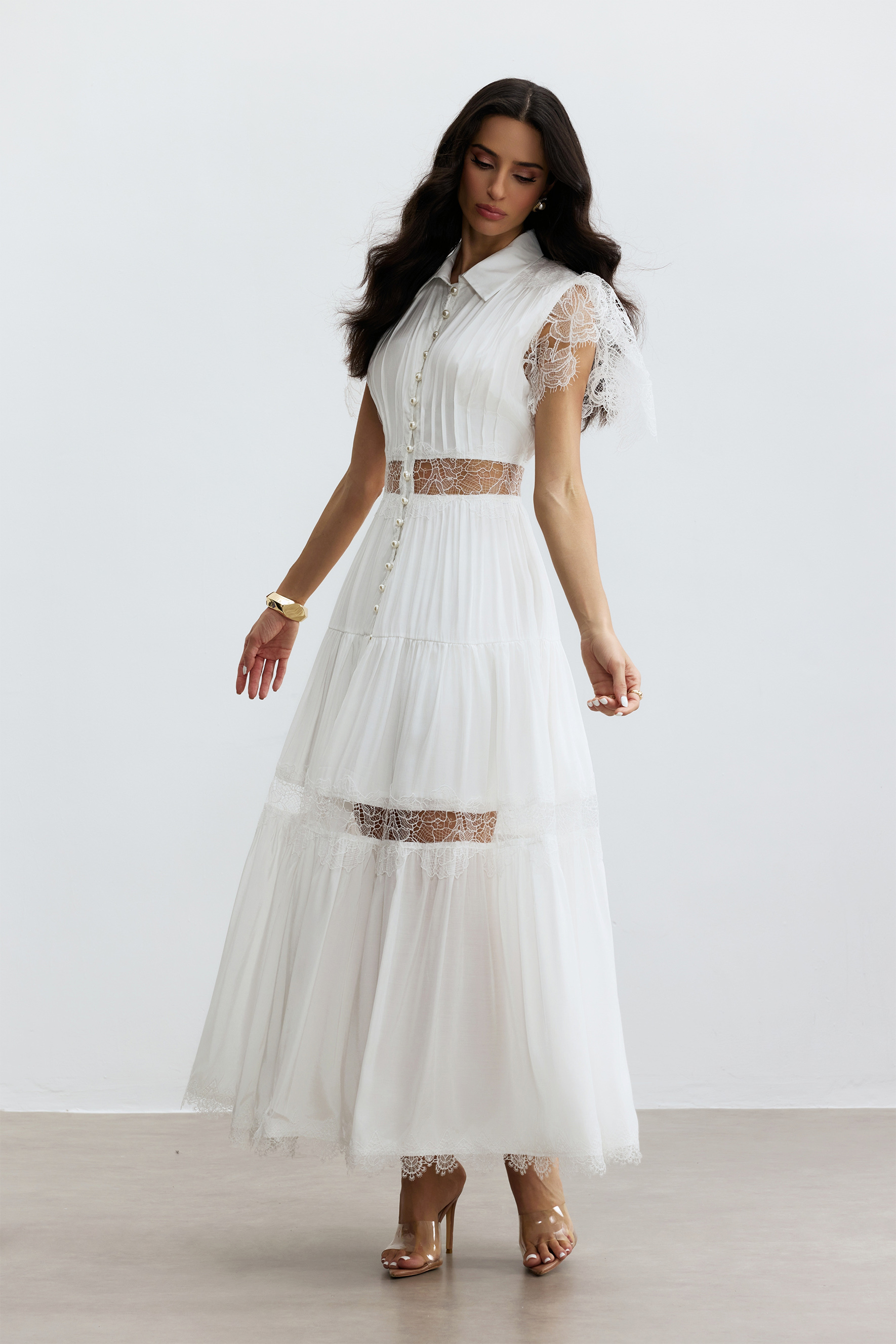 Sally Lace Panel Button Front Maxi Dress