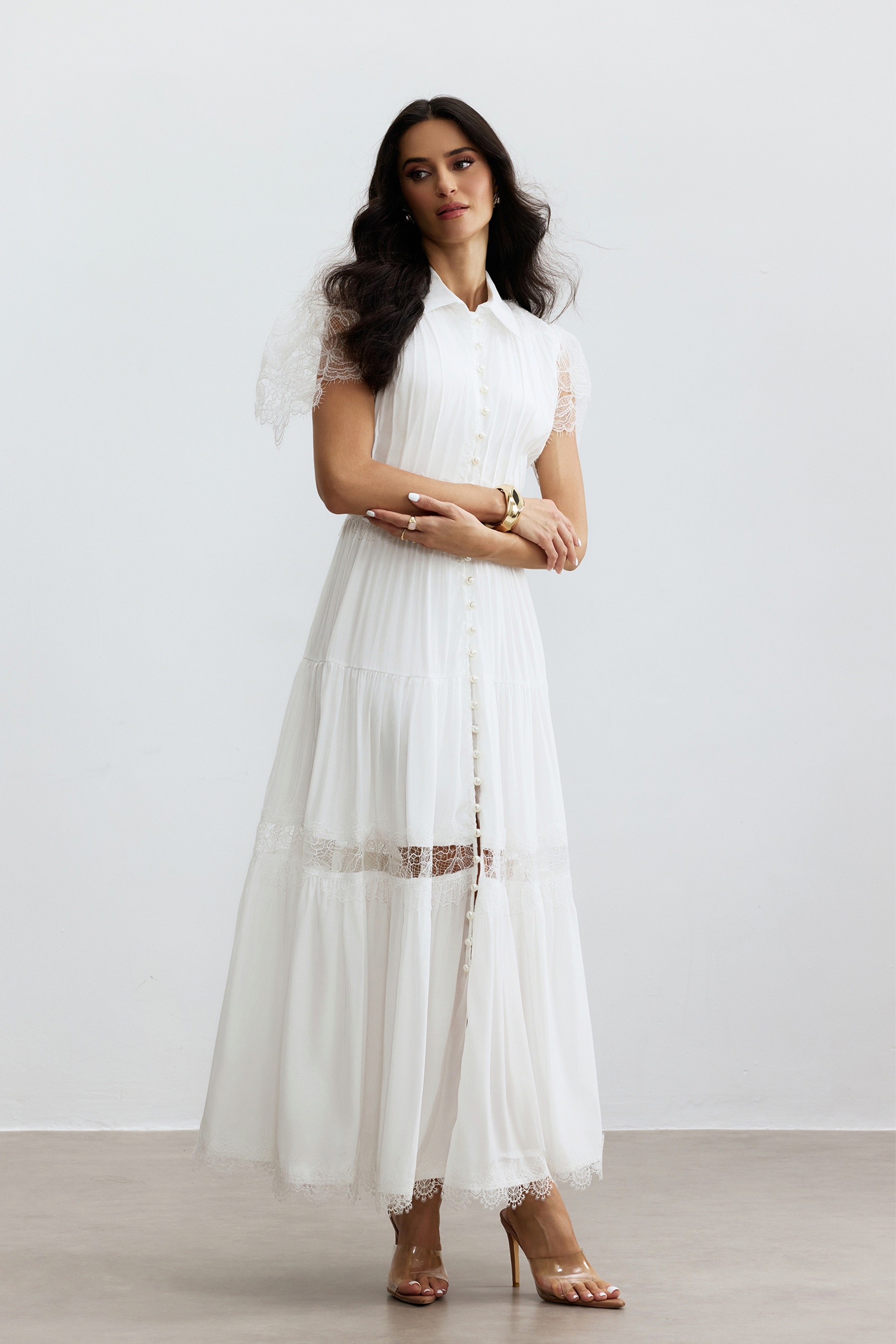 Sally Lace Panel Button Front Maxi Dress