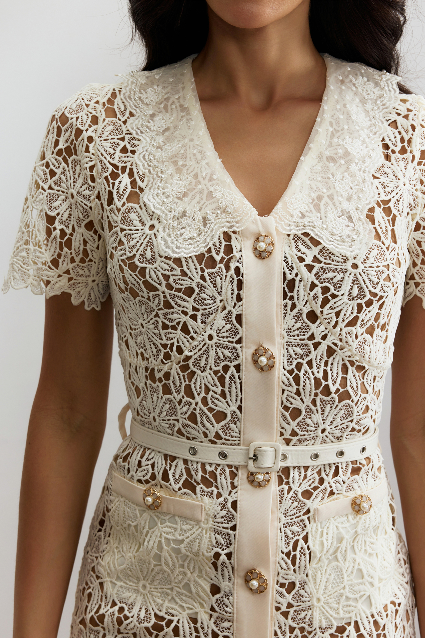 Annette V Neck Embroidered Lace Midi Dress