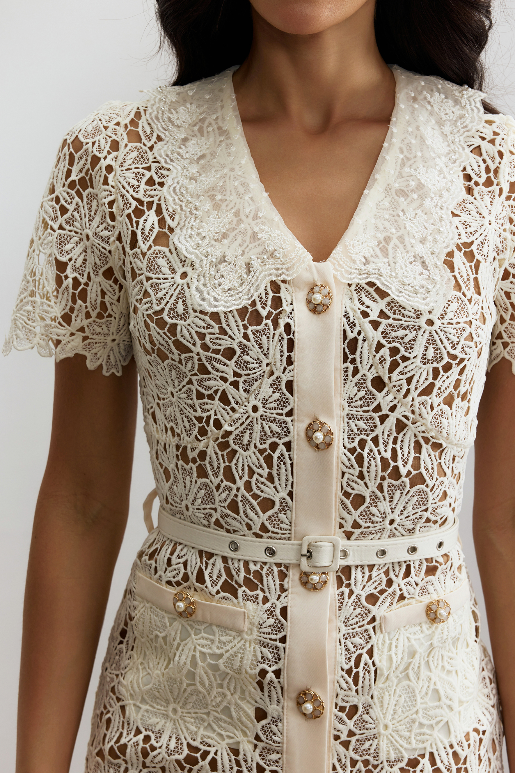 Annette V Neck Embroidered Lace Midi Dress