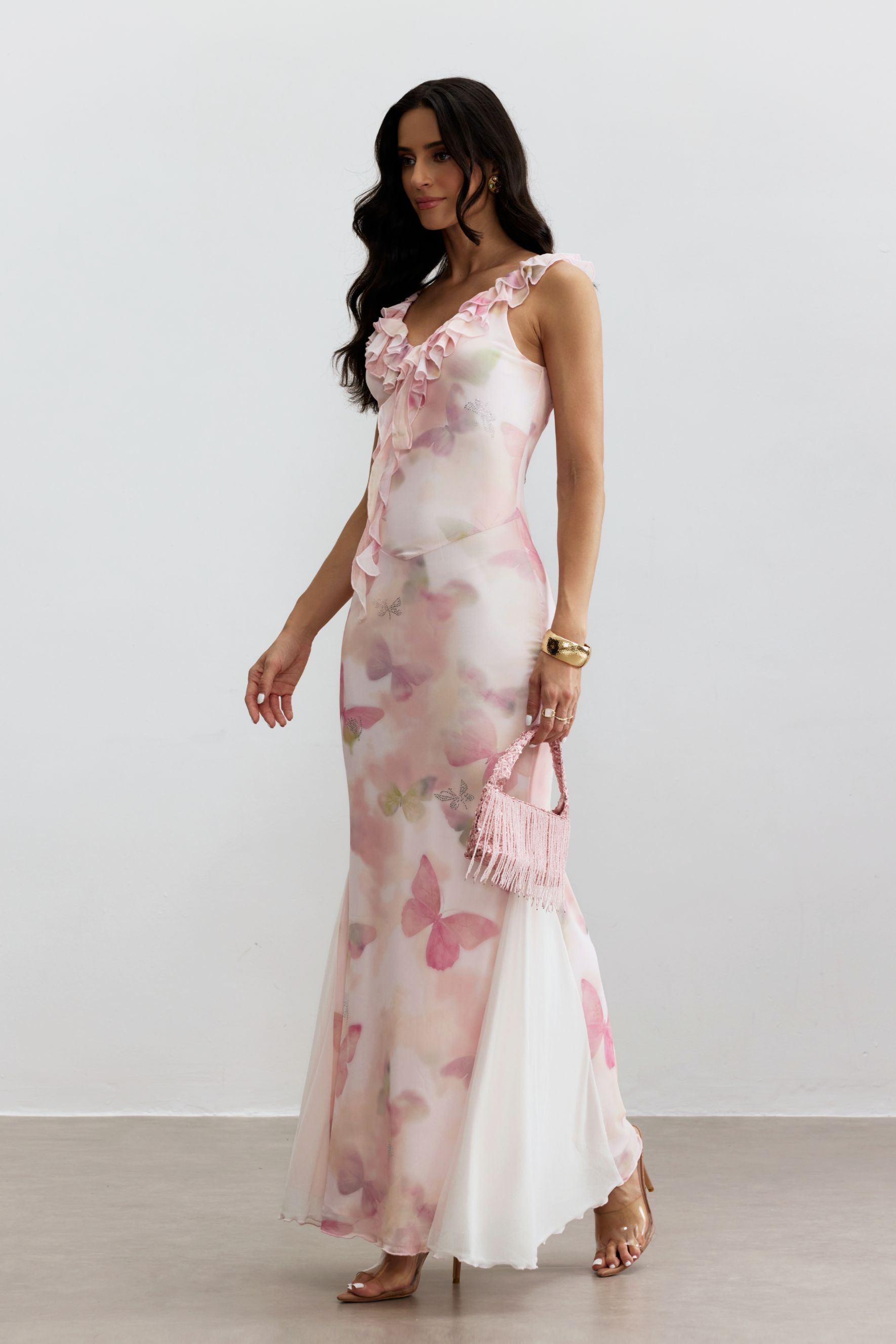 Melinda Butterfly Print Ruffle Maxi Dress