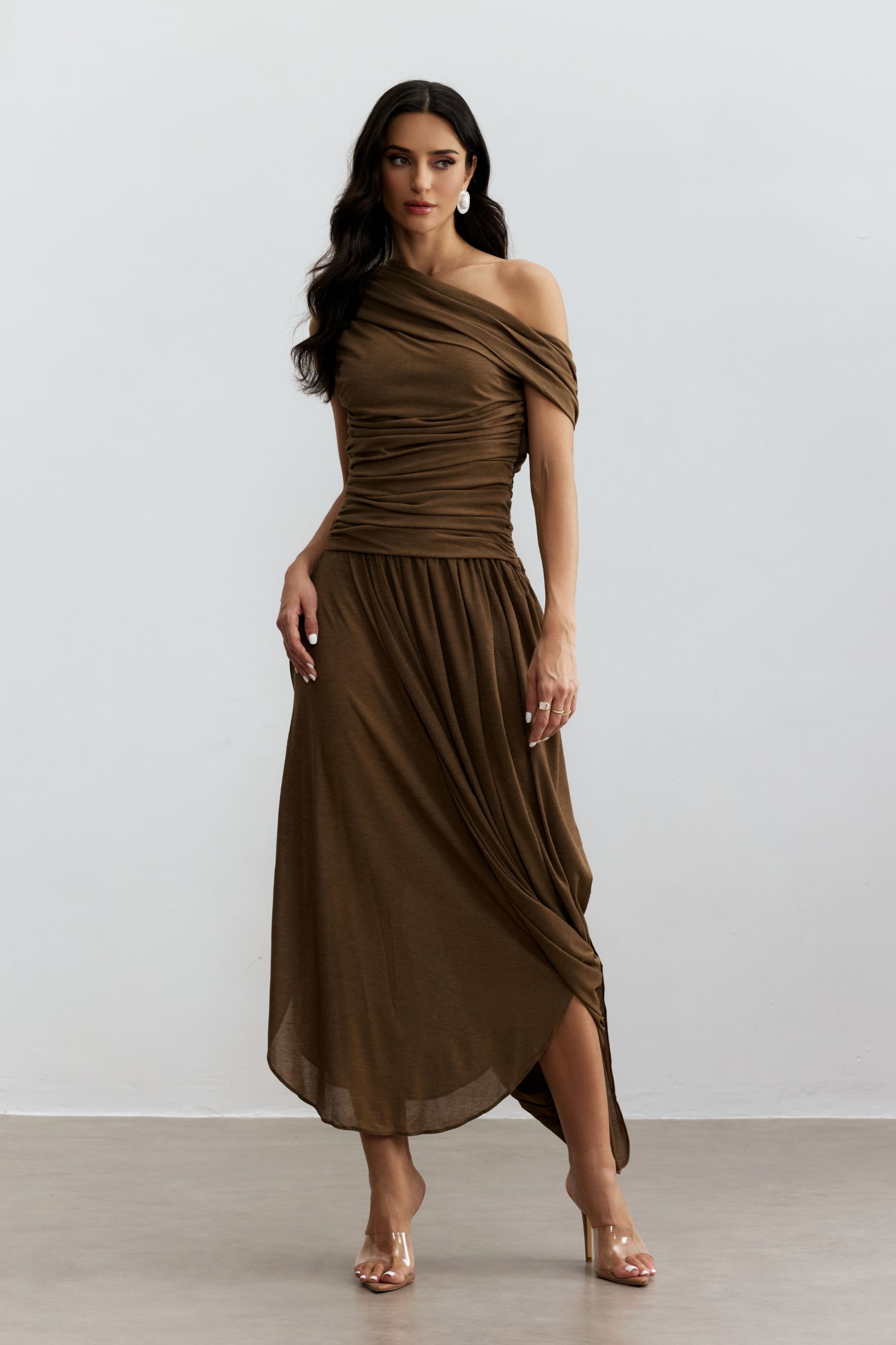 Kelsey One Shoulder Asymmetrical Hem Maxi Dress
