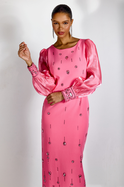 Molly Crystal Embellished Puff Sleeve Midi Dress