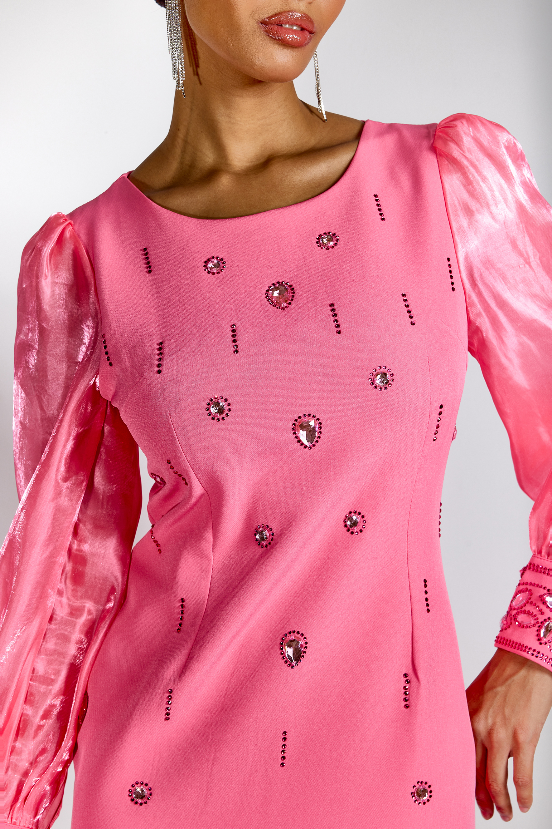 Molly Crystal Embellished Puff Sleeve Midi Dress