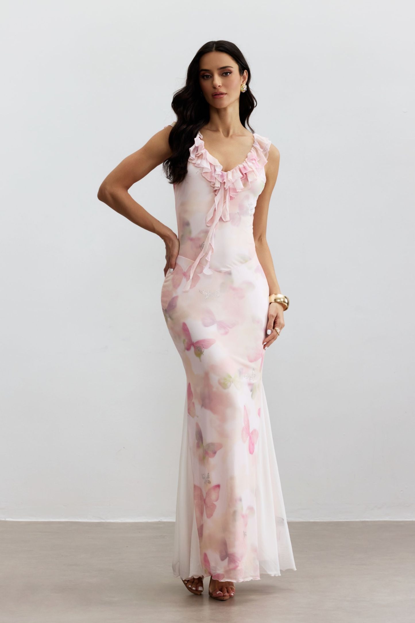 Melinda Butterfly Print Ruffle Maxi Dress