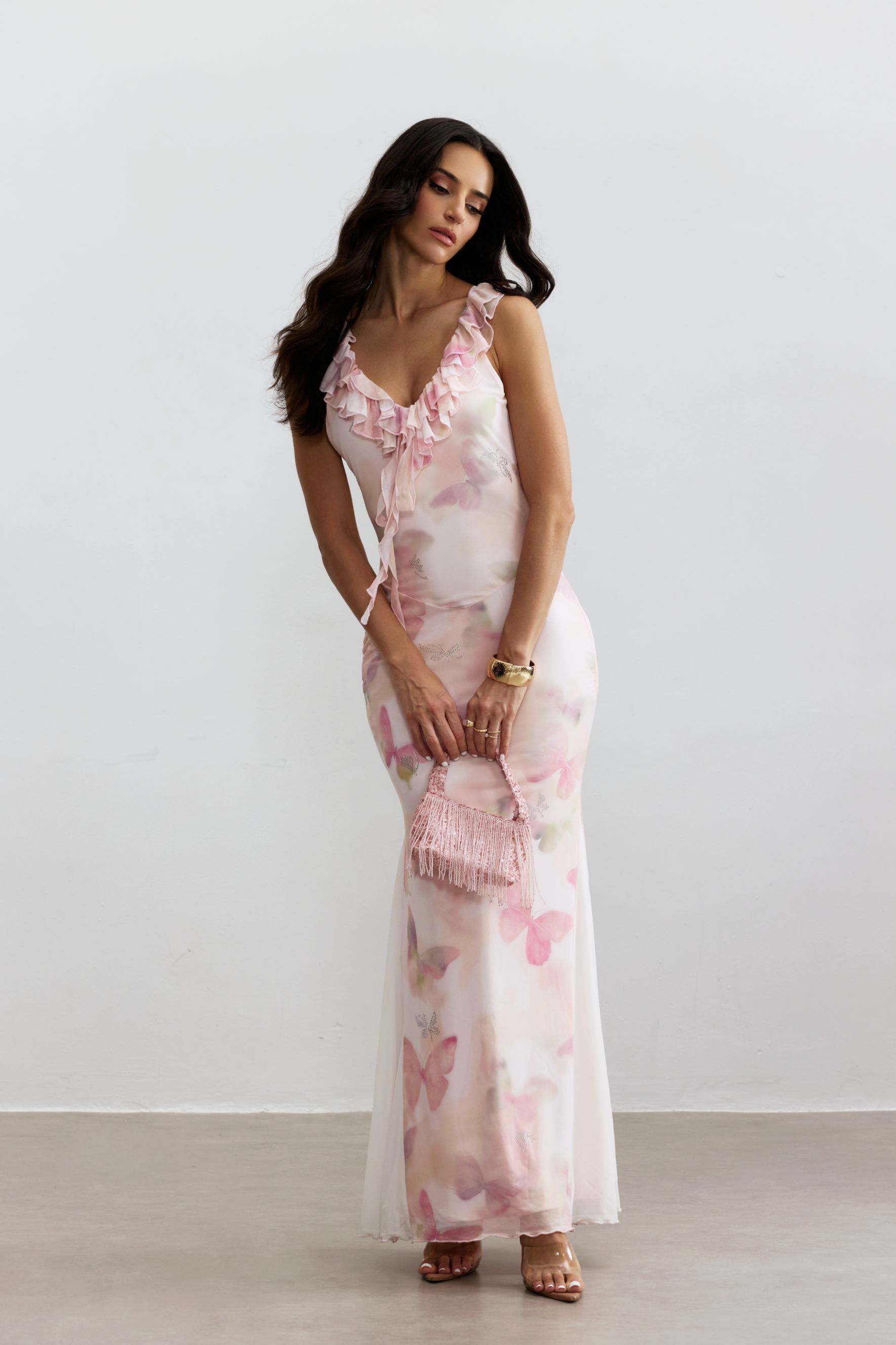 Melinda Butterfly Print Ruffle Maxi Dress