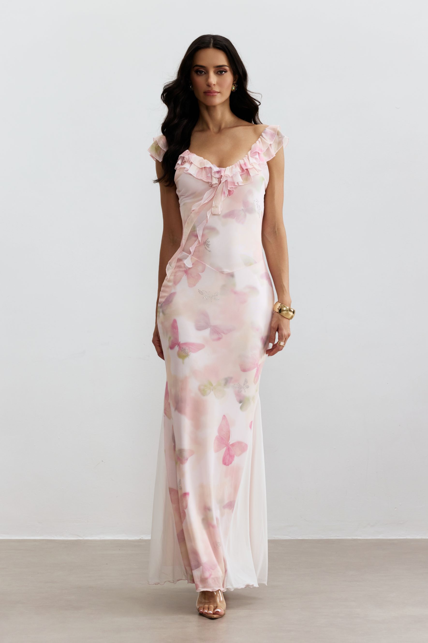 Melinda Butterfly Print Ruffle Maxi Dress