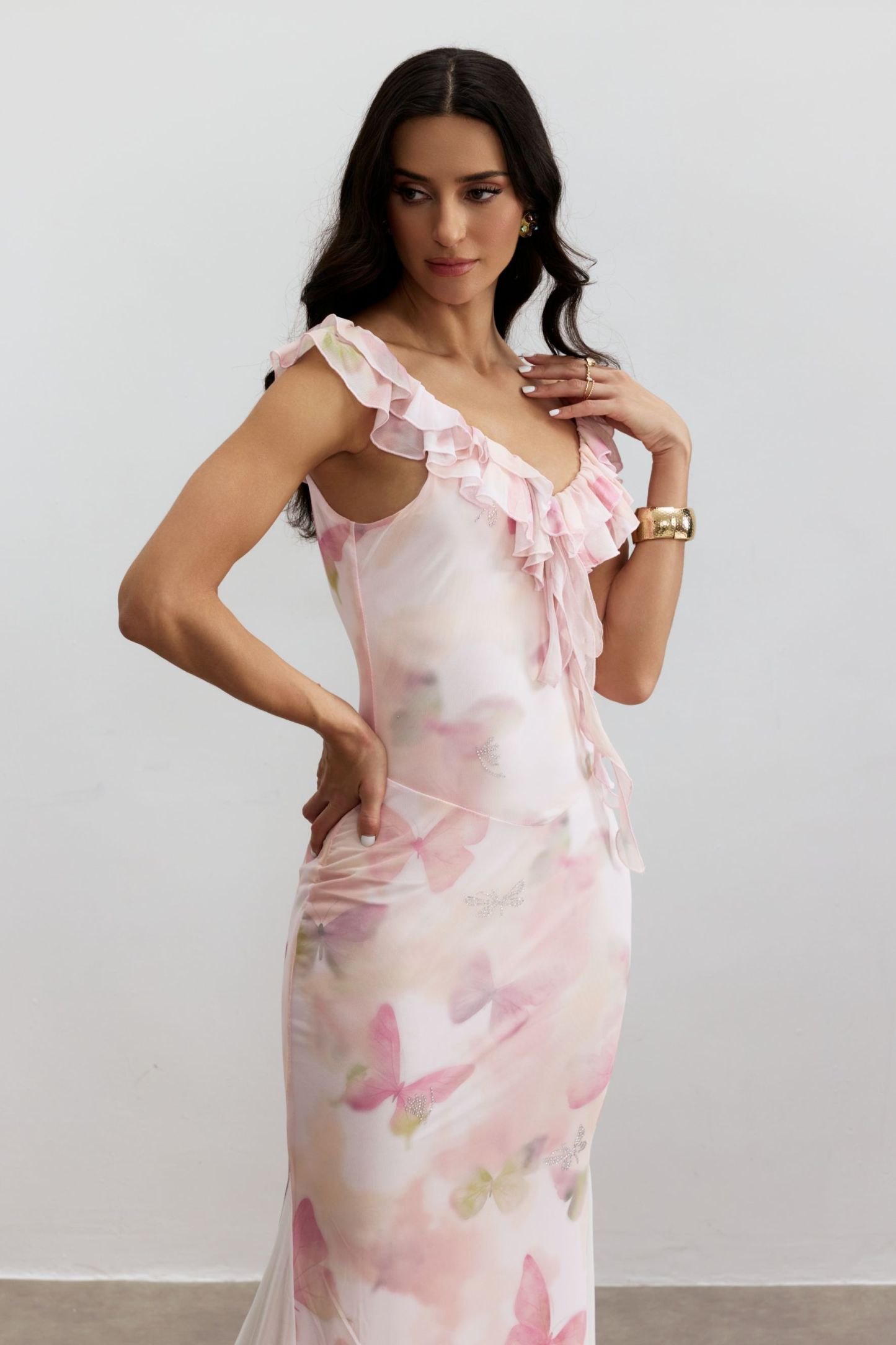 Melinda Butterfly Print Ruffle Maxi Dress