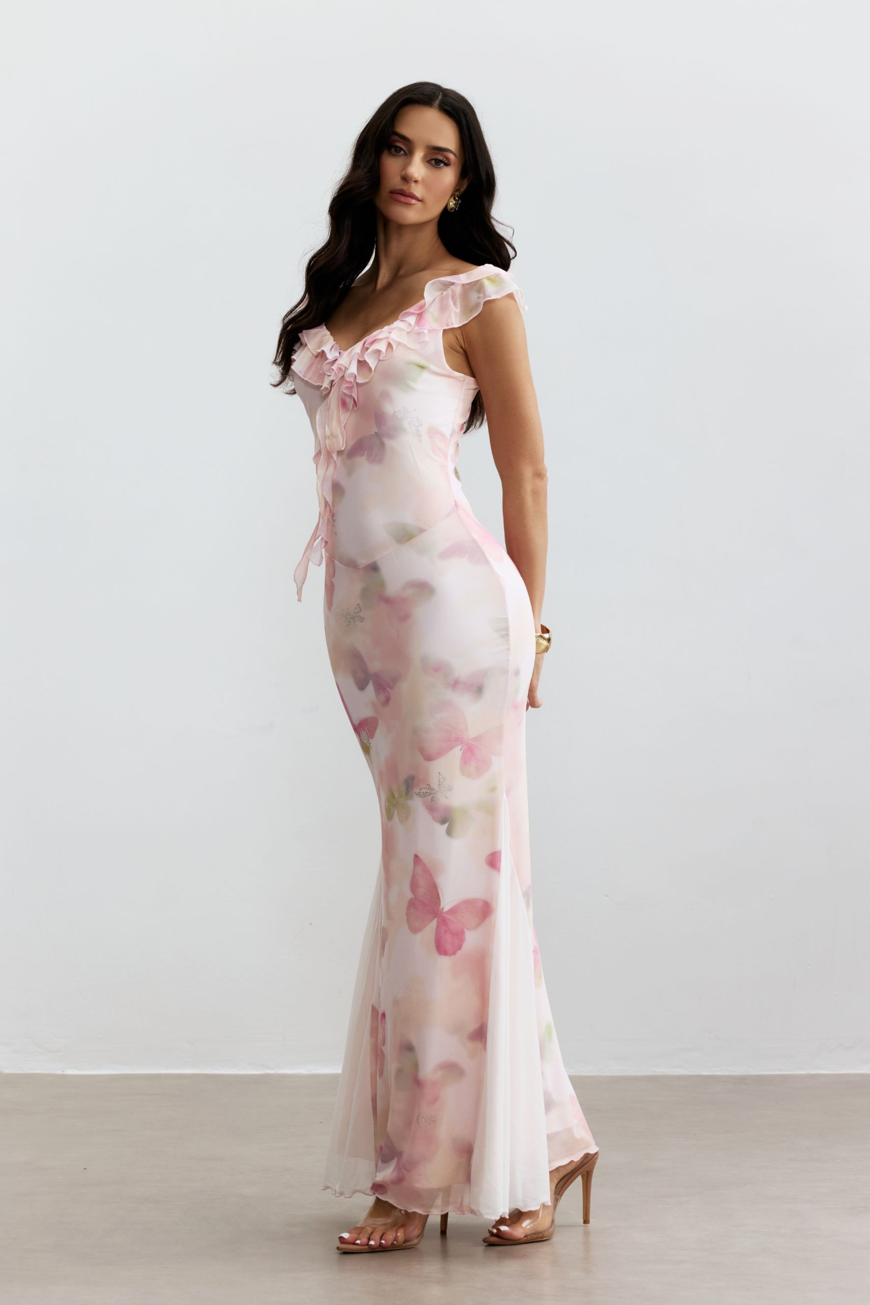 Melinda Butterfly Print Ruffle Maxi Dress