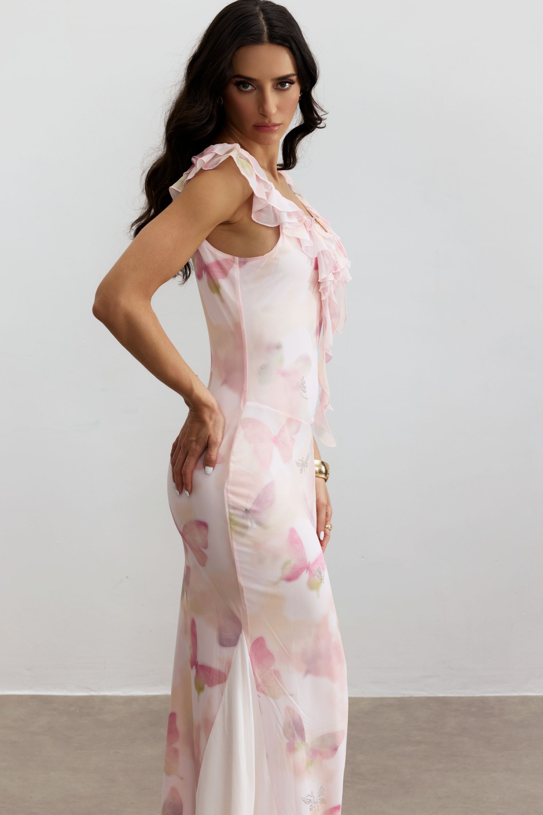 Melinda Butterfly Print Ruffle Maxi Dress