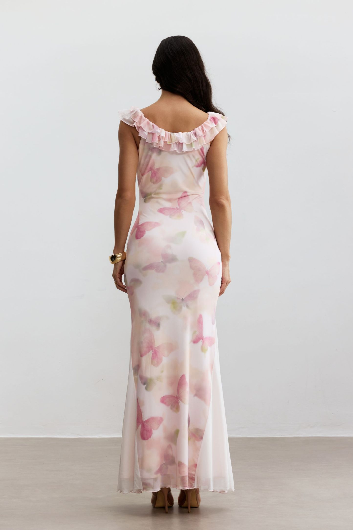 Melinda Butterfly Print Ruffle Maxi Dress
