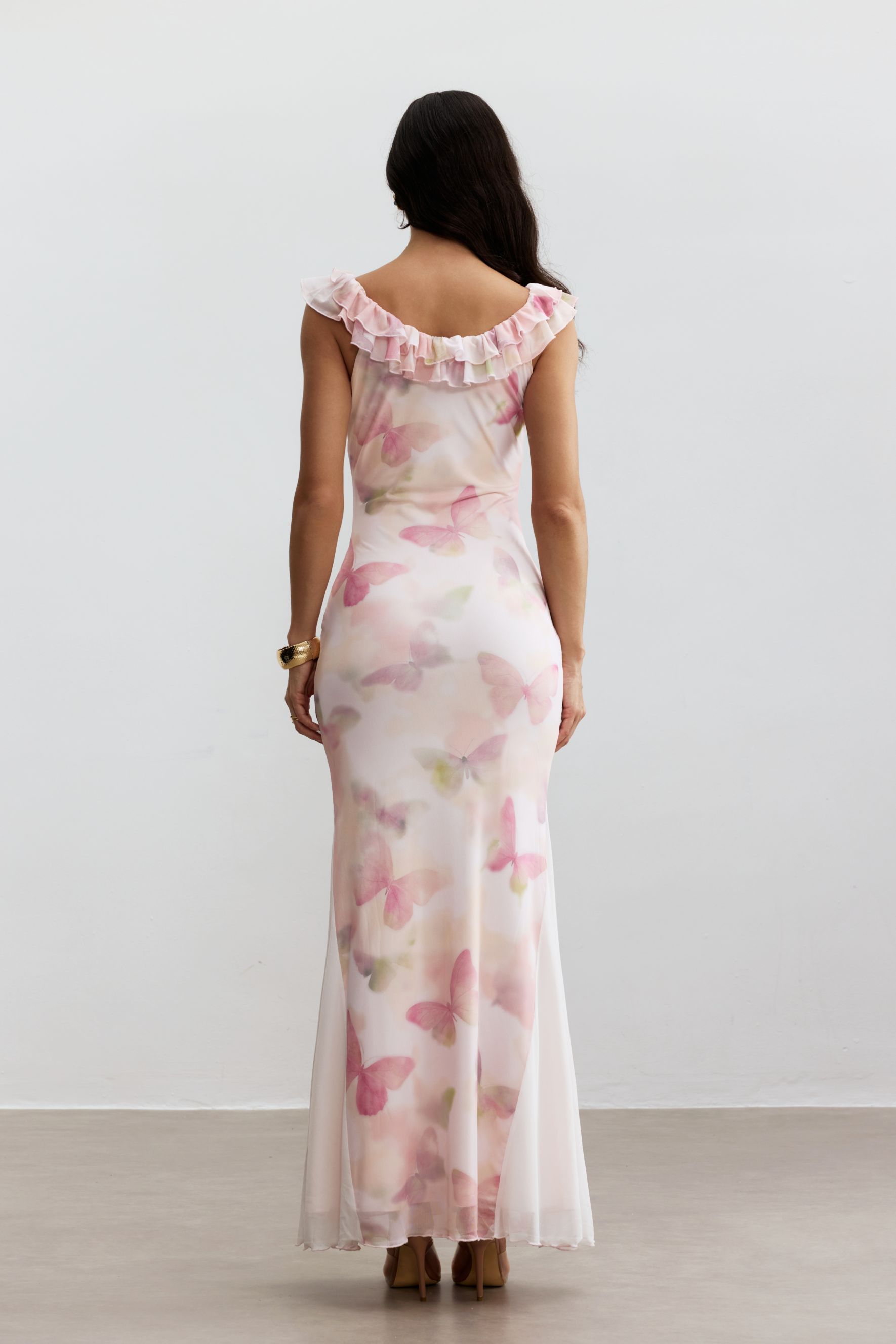 Melinda Butterfly Print Ruffle Maxi Dress