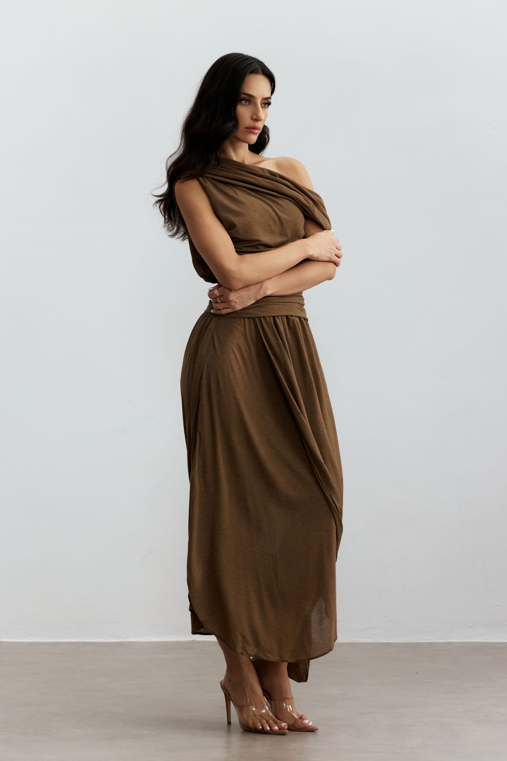 Kelsey One Shoulder Asymmetrical Hem Maxi Dress