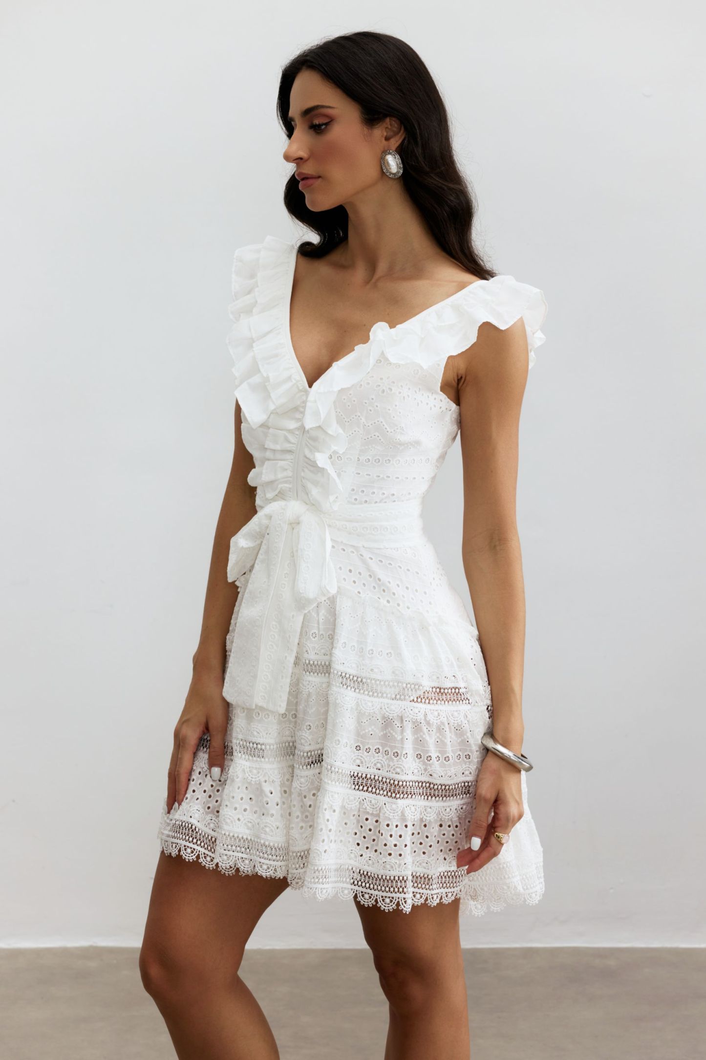 Helena V-neck Lace Embroidery Mini Dress