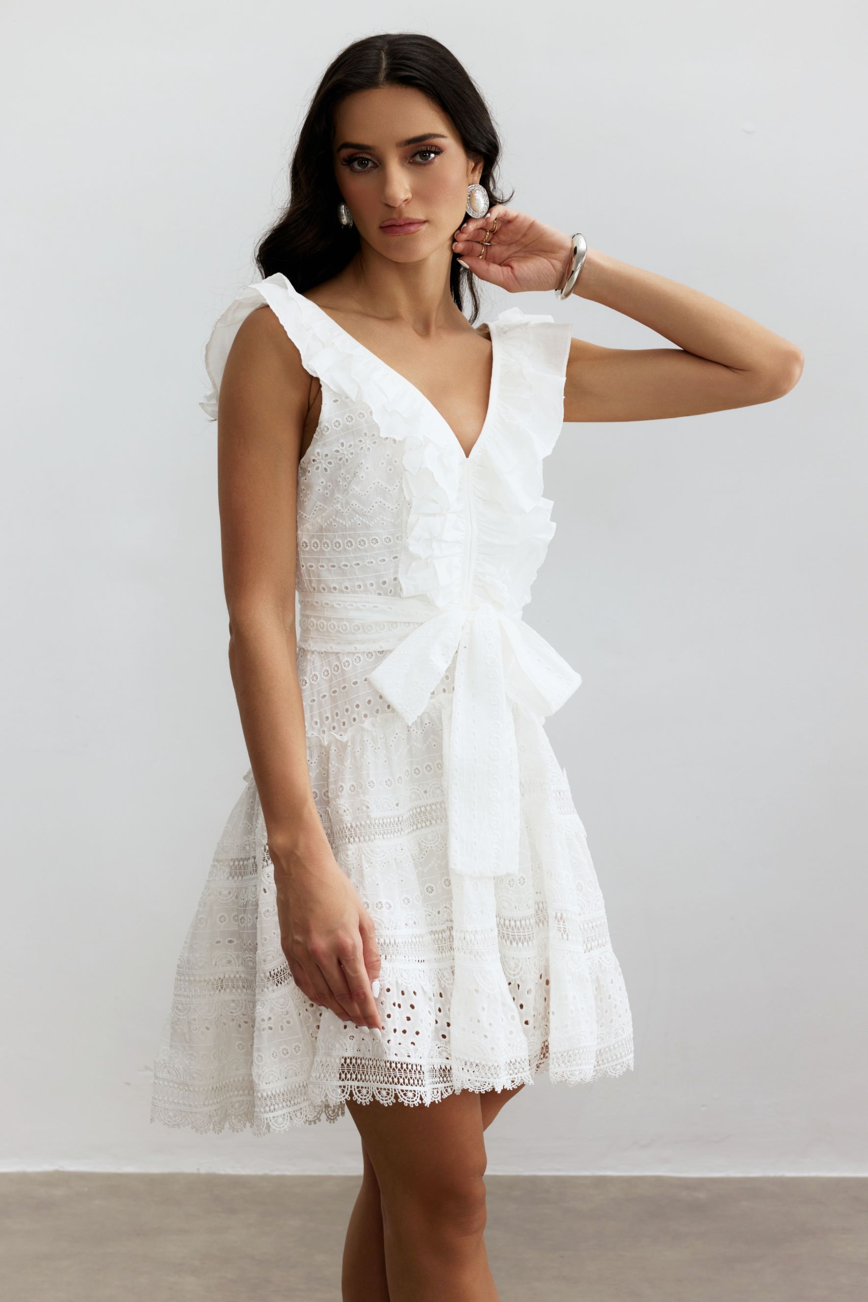 Helena V-neck Lace Embroidery Mini Dress
