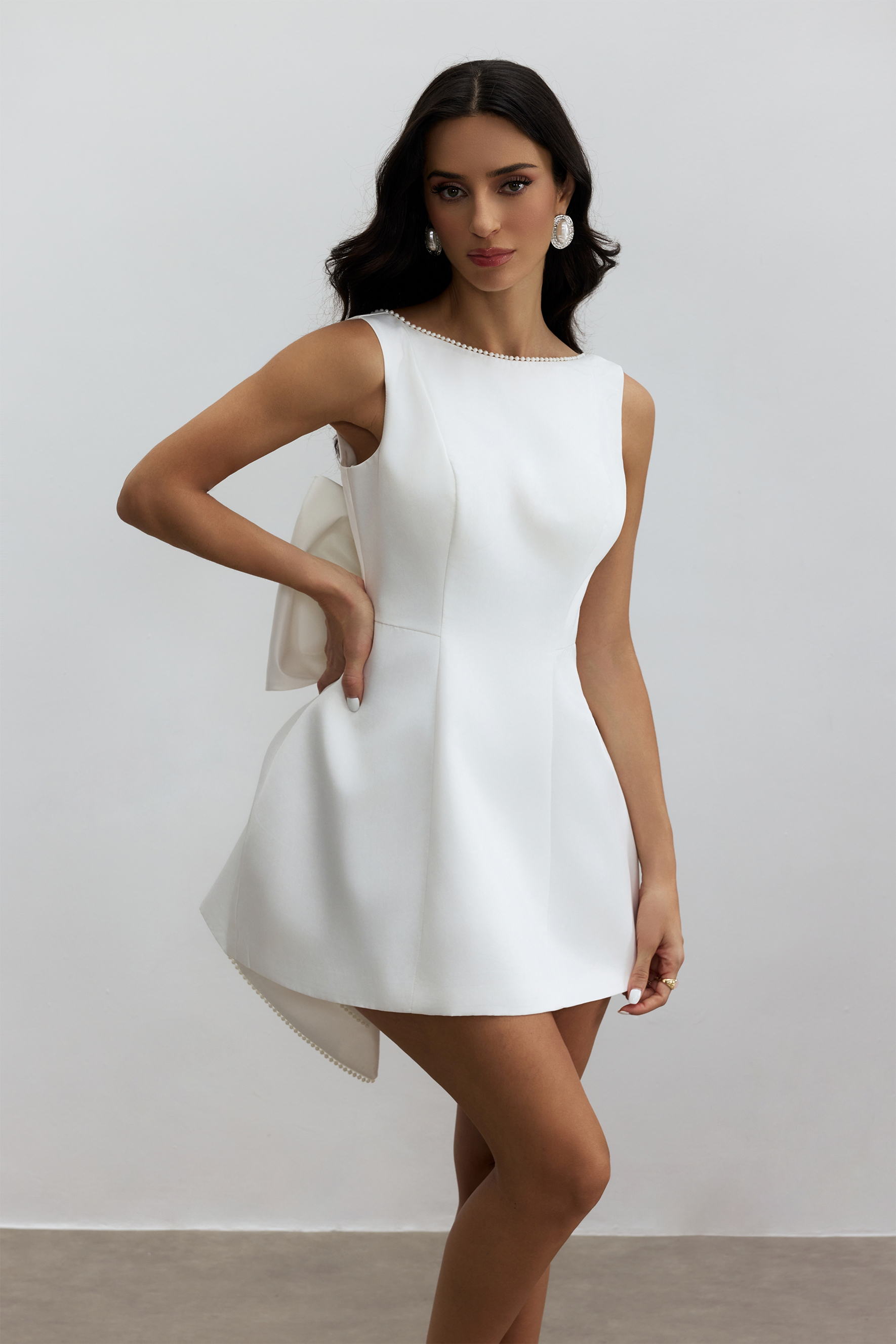 Bowknot Pearl Backless Dress｜White Cute Vacation Dresses