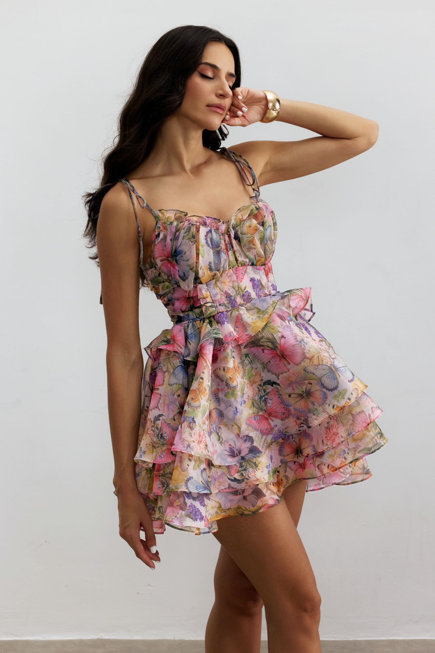 Vita Butterfly Print Ruffle Layered Mini Dress