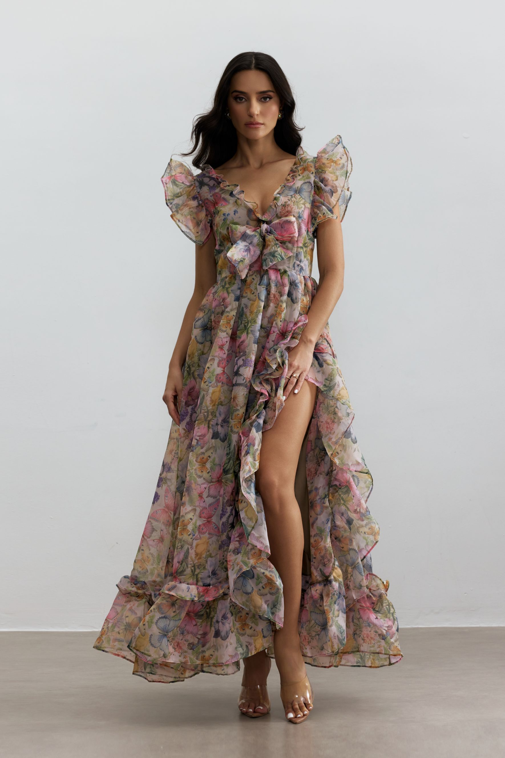 Sarah Butterfly Print Ruffle Chiffon Maxi Dress