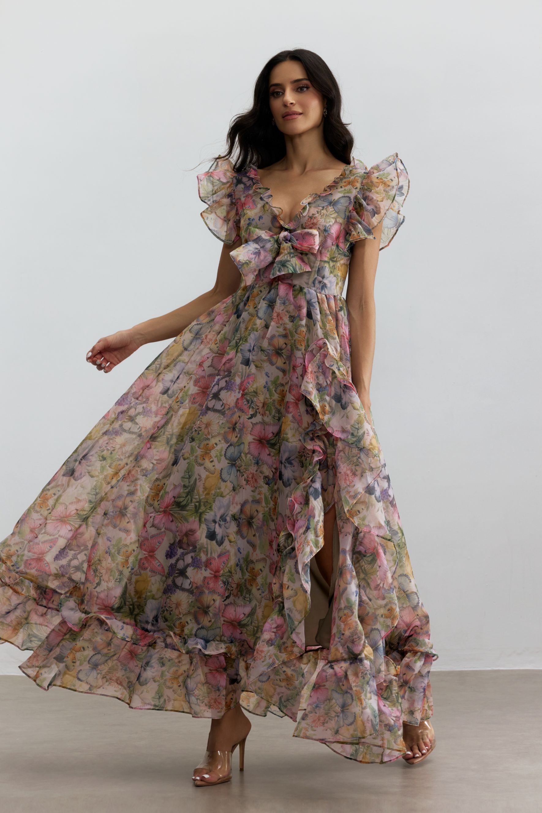 Sarah Butterfly Print Ruffle Chiffon Maxi Dress