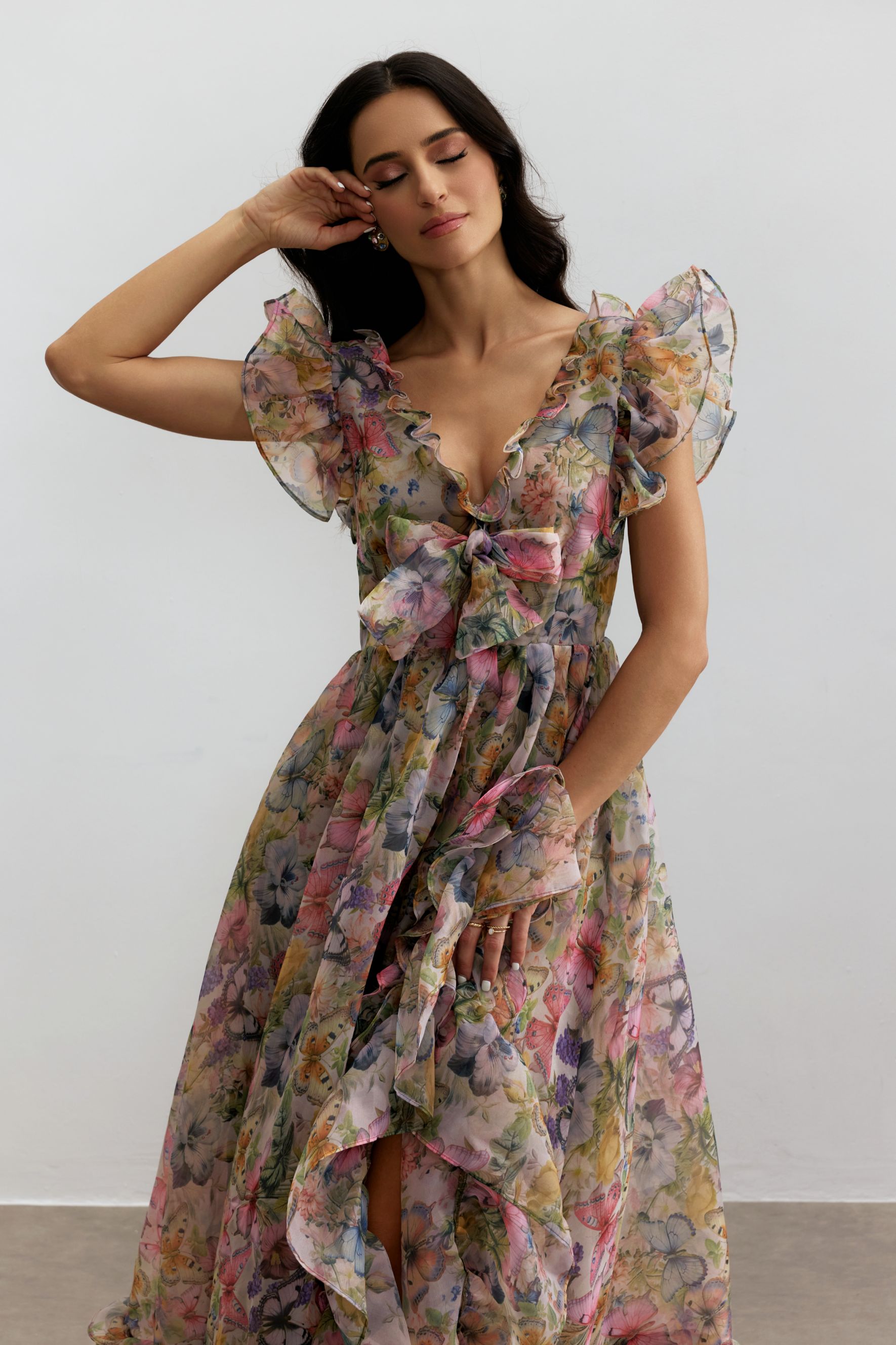Sarah Butterfly Print Ruffle Chiffon Maxi Dress