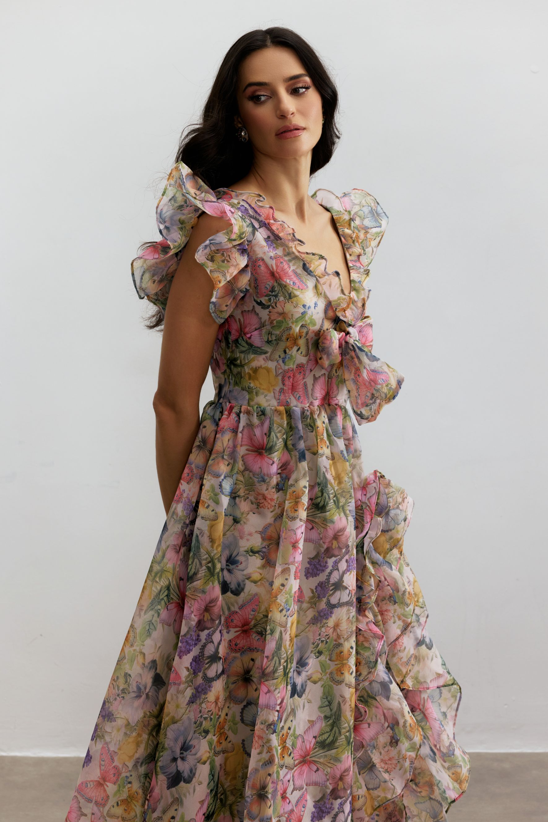 Sarah Butterfly Print Ruffle Chiffon Maxi Dress