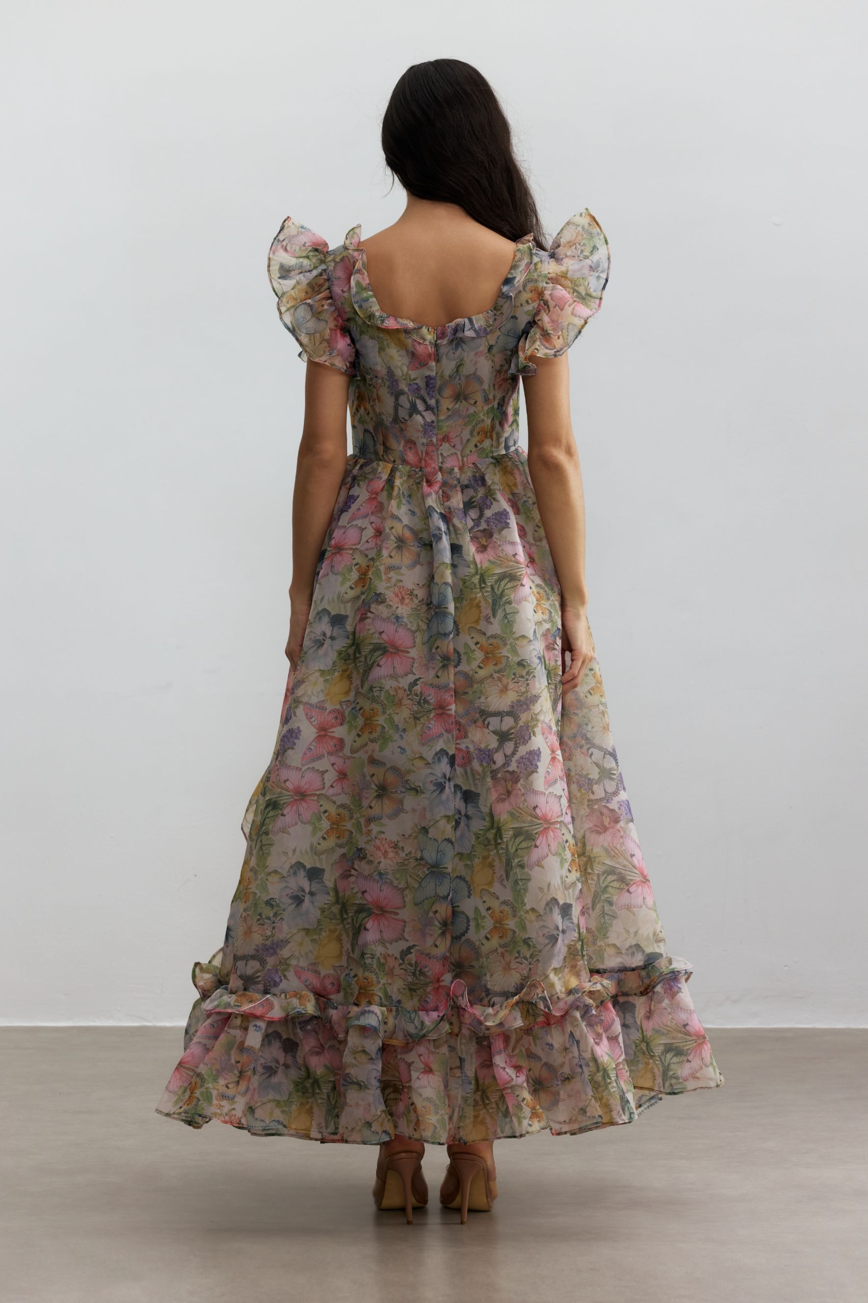 Sarah Butterfly Print Ruffle Chiffon Maxi Dress