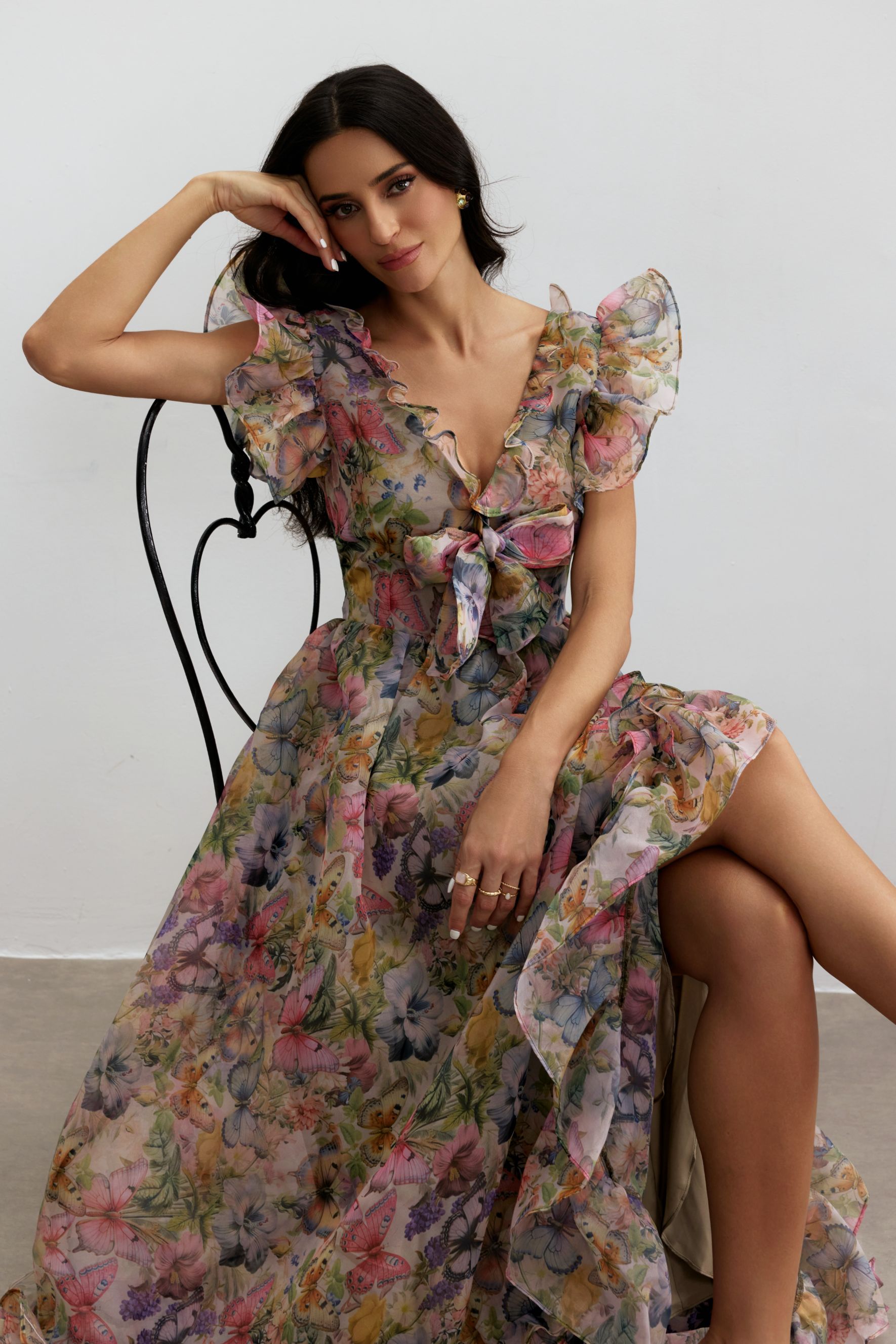 Sarah Butterfly Print Ruffle Chiffon Maxi Dress