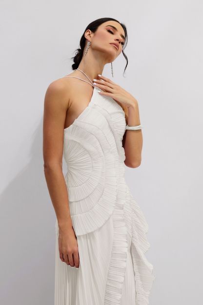 Nina Asymmetry Pleated Halterneck Midi Dress