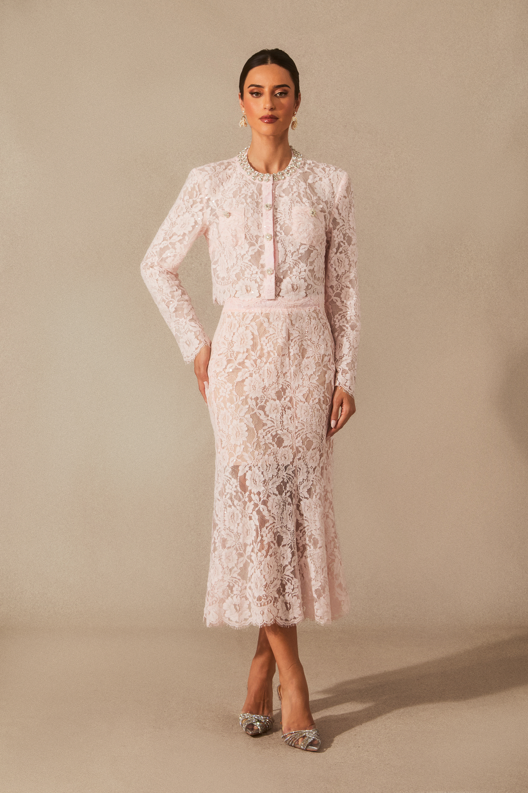 Olivia Long Sleeve Floral Lace Top & Midi Skirt Set