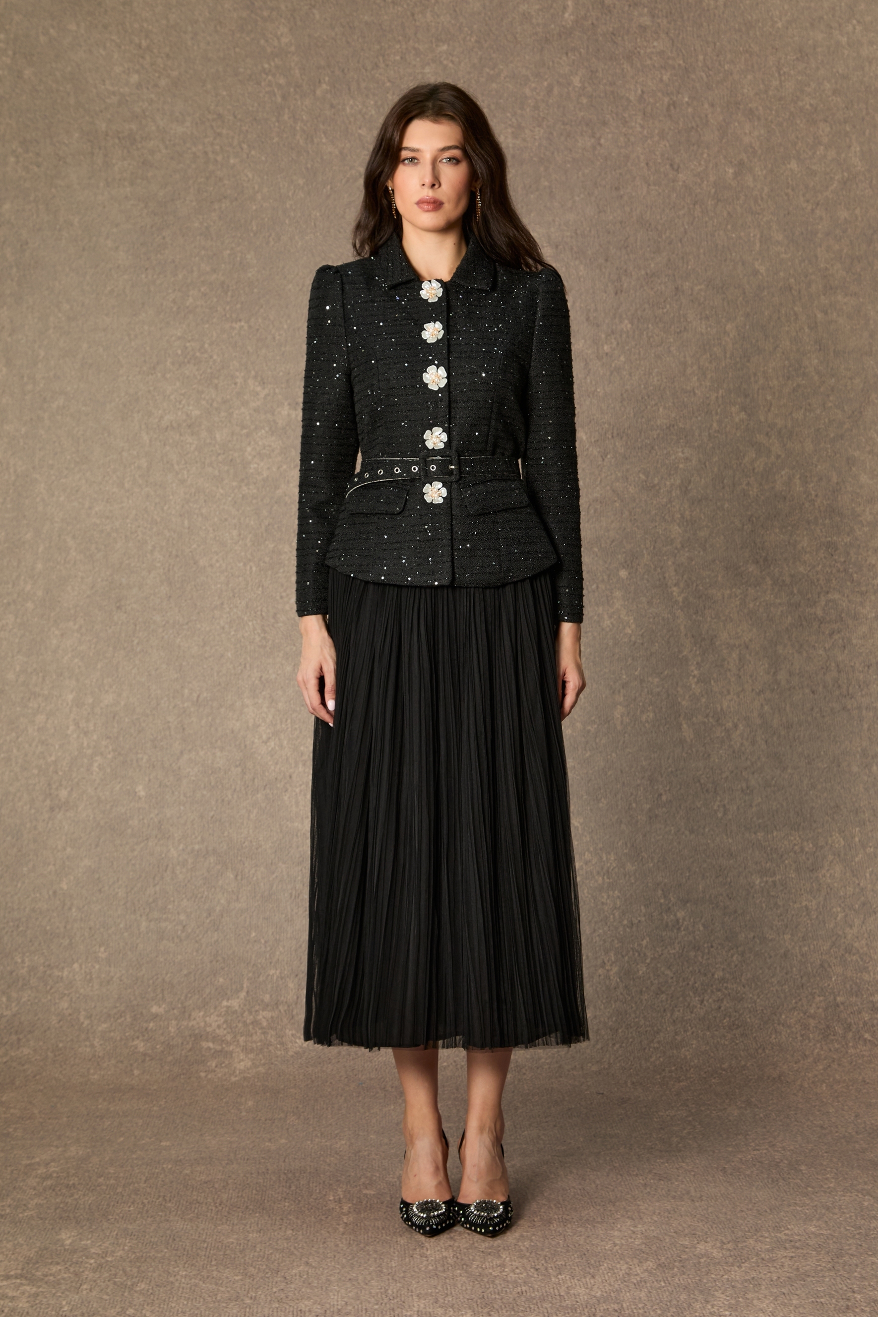 Charismatic Entrance Black Flower Buttons Jacket & Pleated Skirt Set