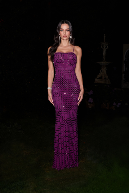 Flawless Forever Purple Rhinestone Lattice Maxi Dress