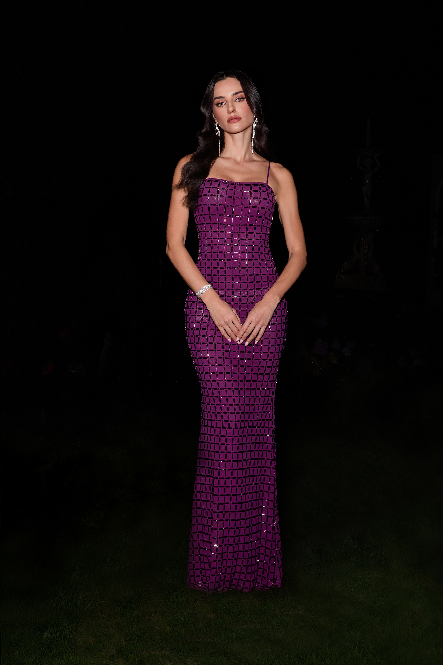 Flawless Forever Purple Rhinestone Lattice Maxi Dress