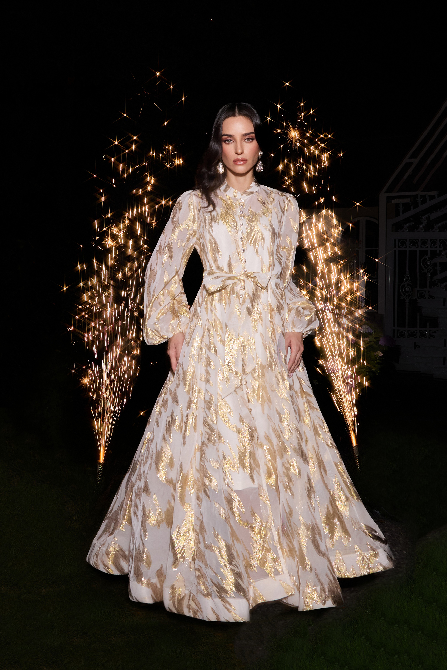 Aitana Metallic Print Puff Sleeve Maxi Dress