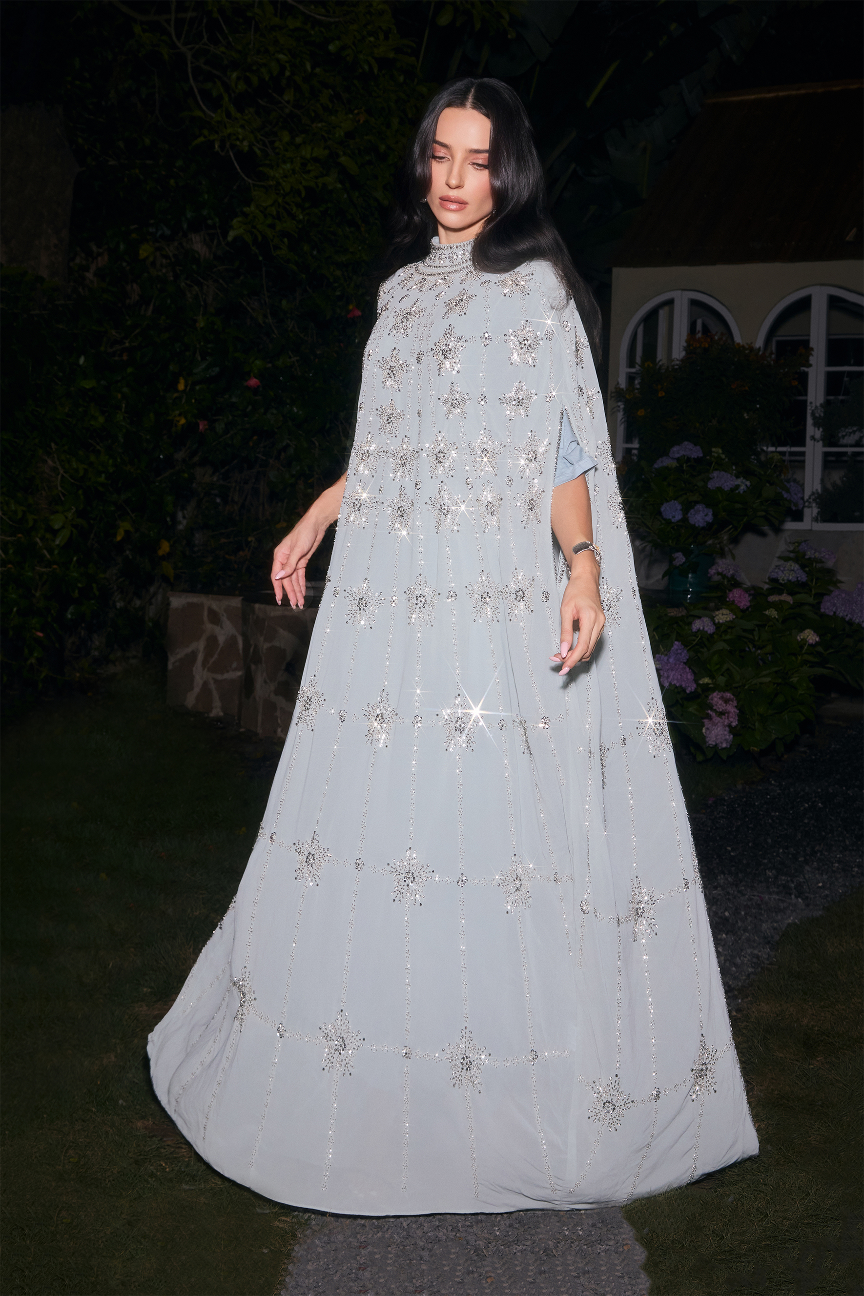 Glowing Charisma Light Blue Sequin Embellished Cape Maxi Dress