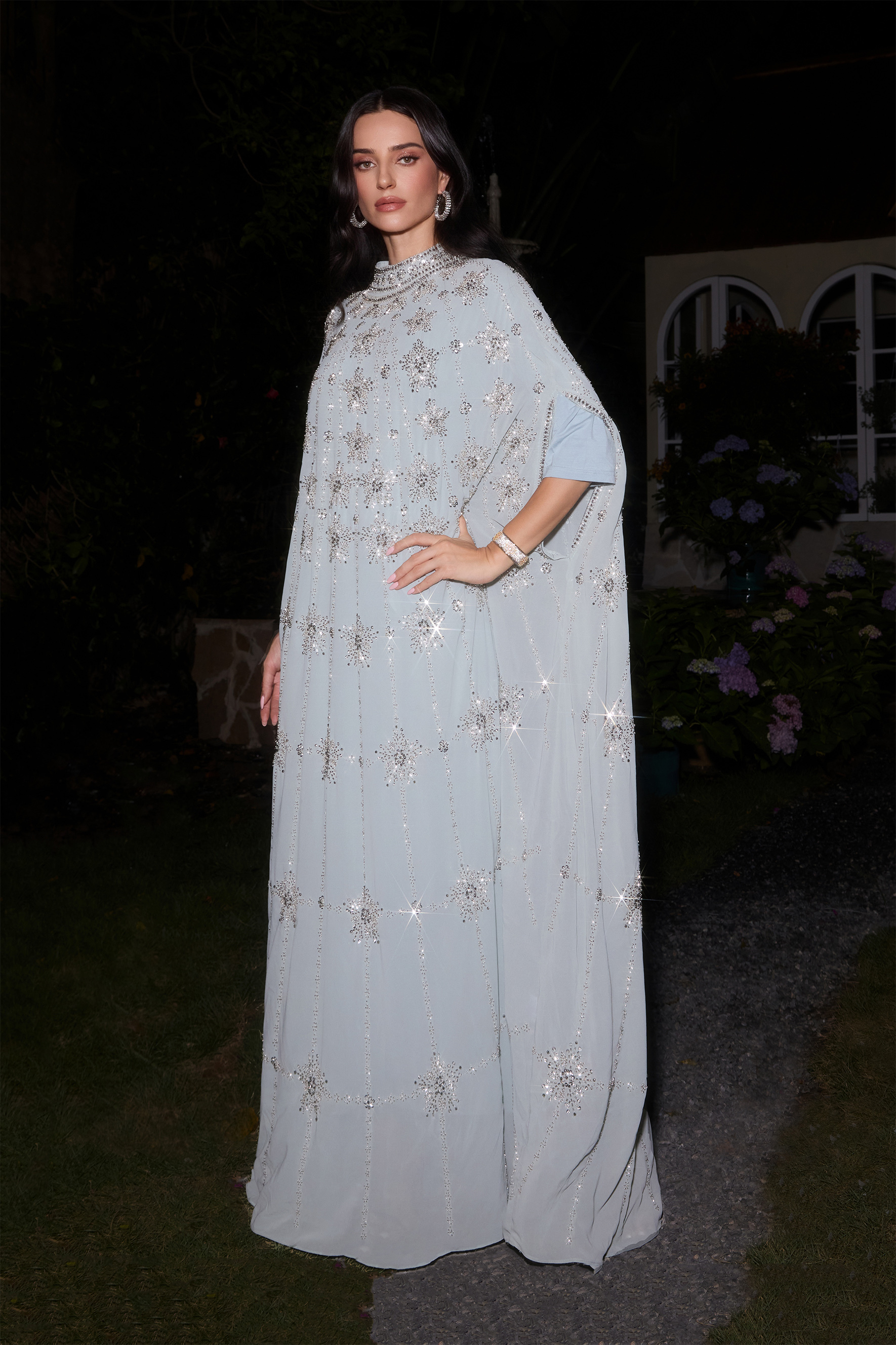 Glowing Charisma Light Blue Sequin Embellished Cape Maxi Dress