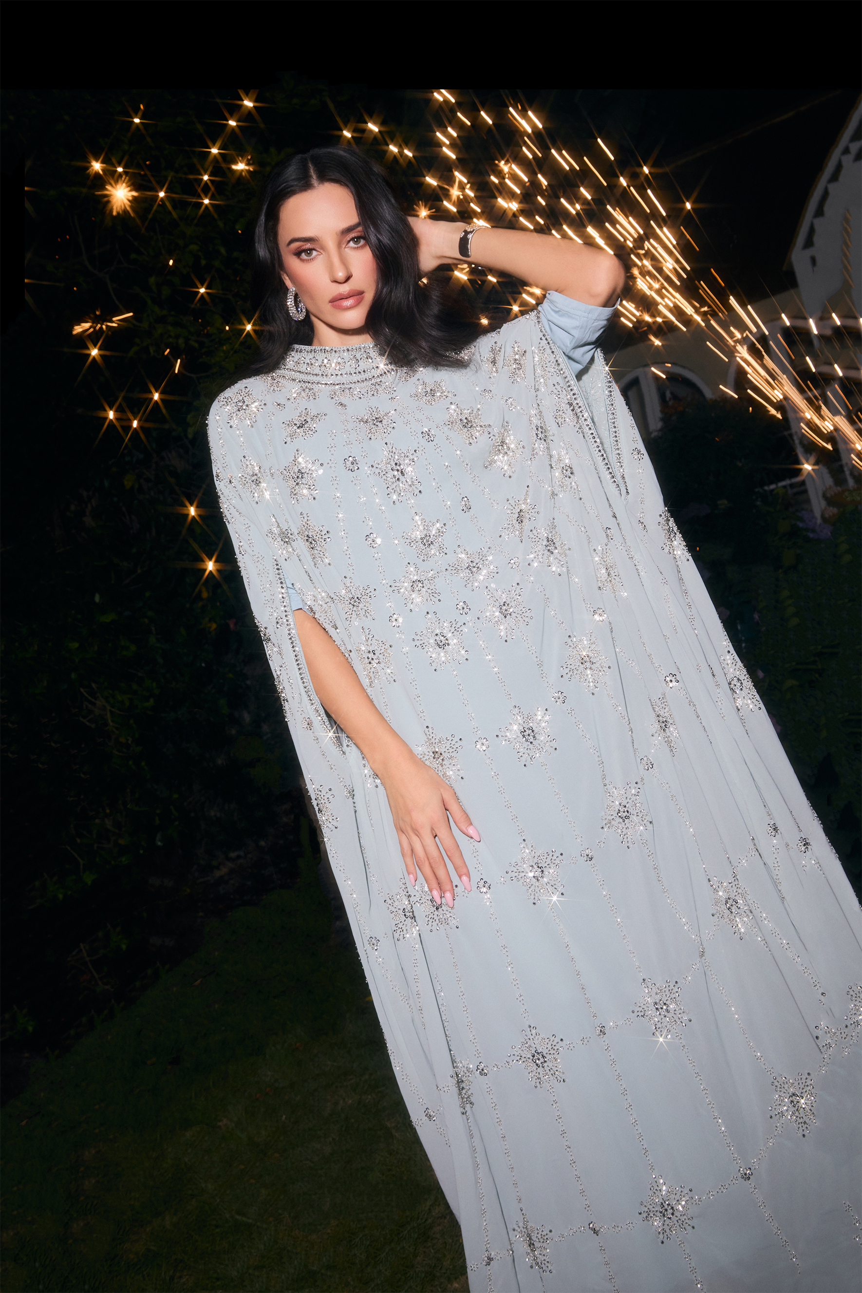 Glowing Charisma Light Blue Sequin Embellished Cape Maxi Dress