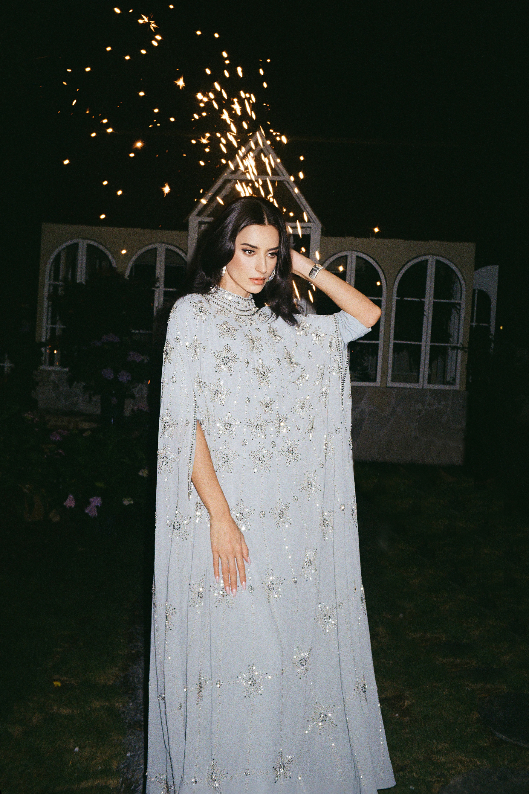 Glowing Charisma Light Blue Sequin Embellished Cape Maxi Dress