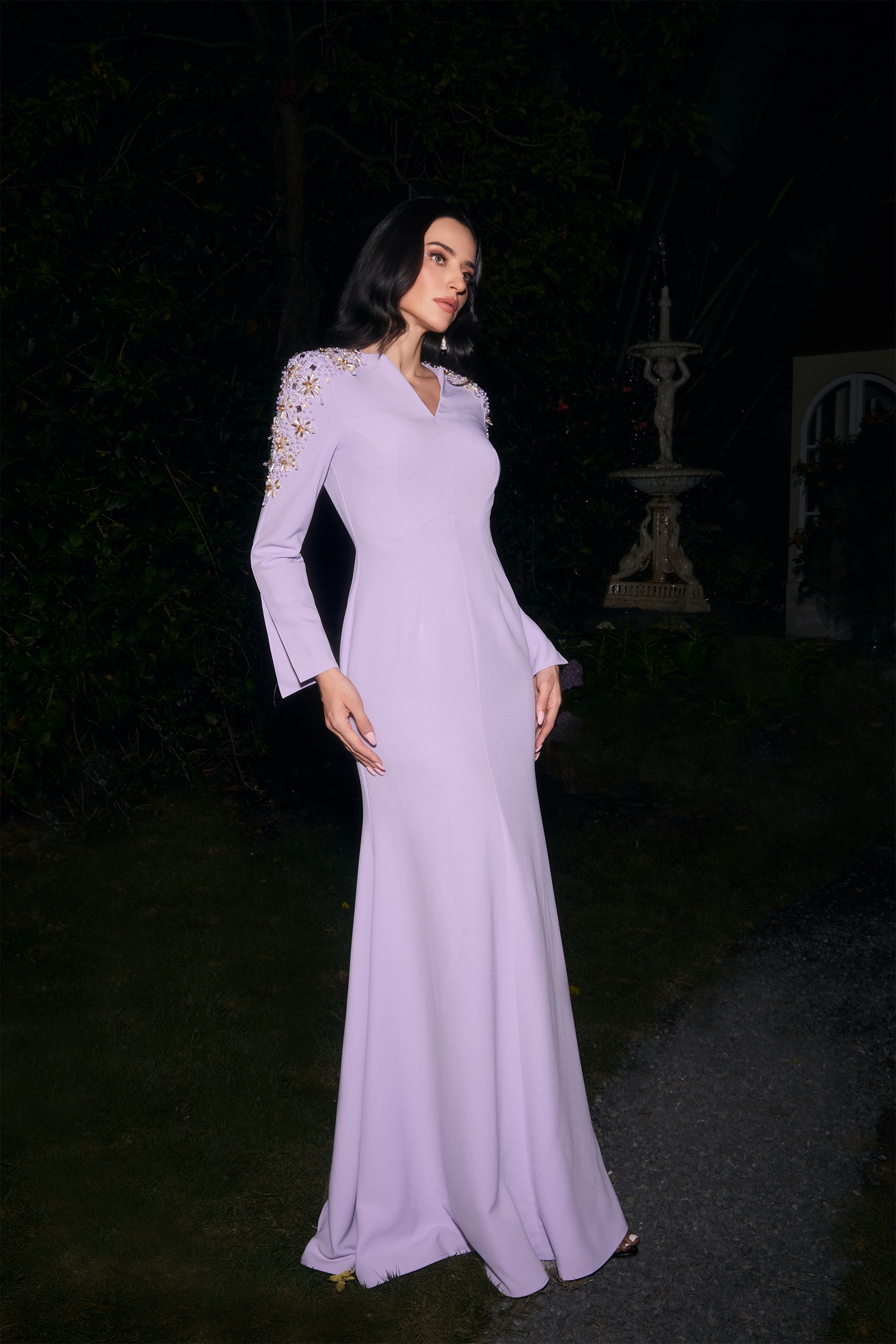 Dare To Dazzle Plisse Purple Embellished V-Neck Maxi Dress