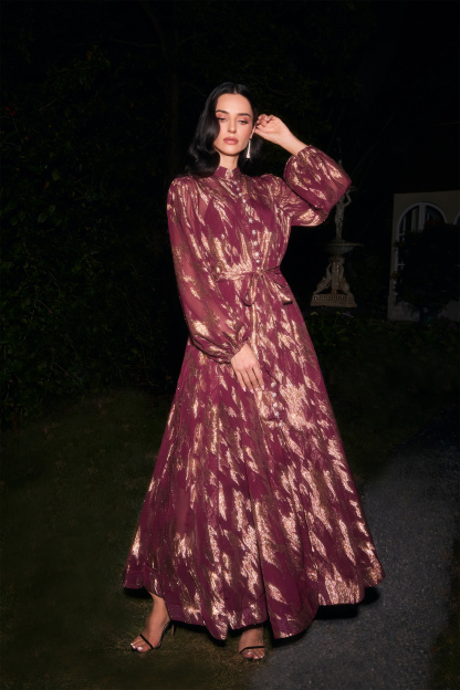 Aitana Metallic Print Puff Sleeve Maxi Dress