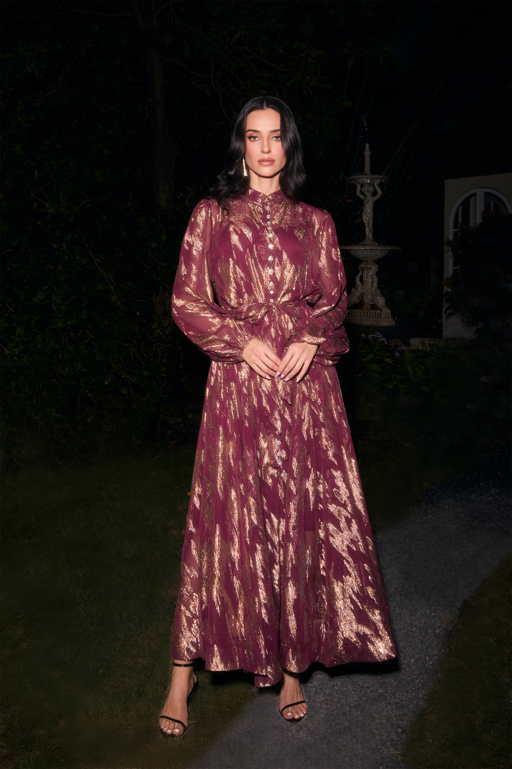 Aitana Metallic Print Puff Sleeve Maxi Dress