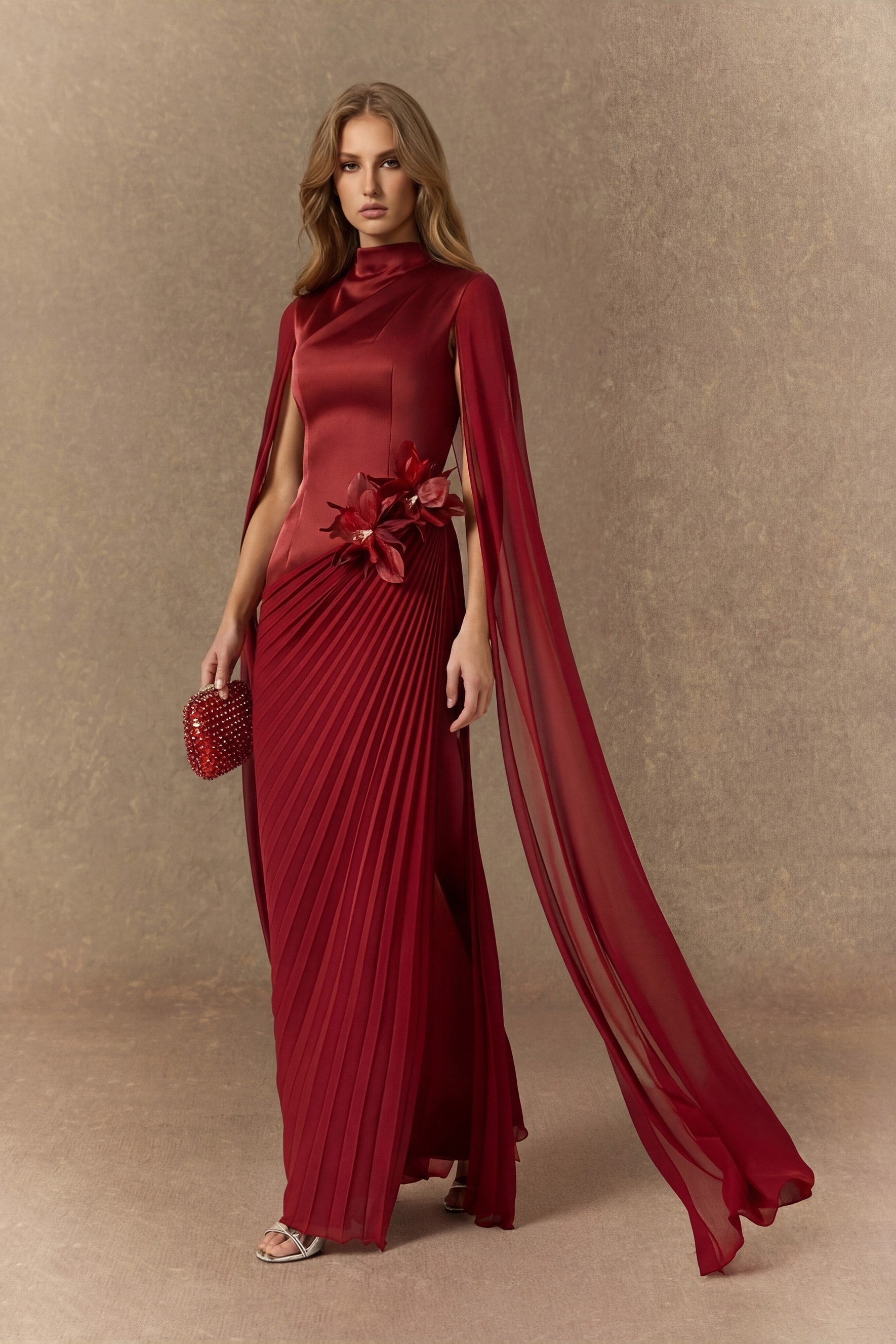 Got The Glam Burgundy Floral Applique Pleated Maxi Dress