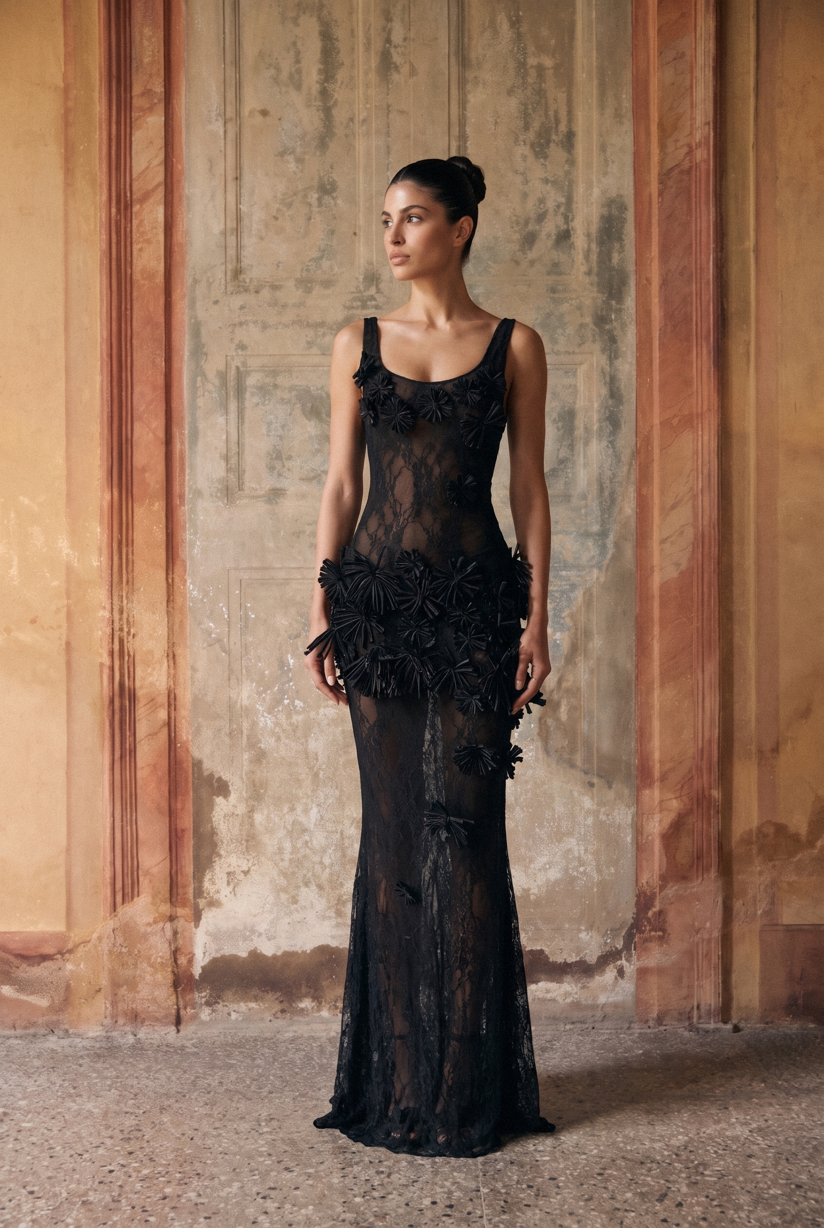 Midnight Desire Black Sheer Lace Floral Applique Maxi Dress