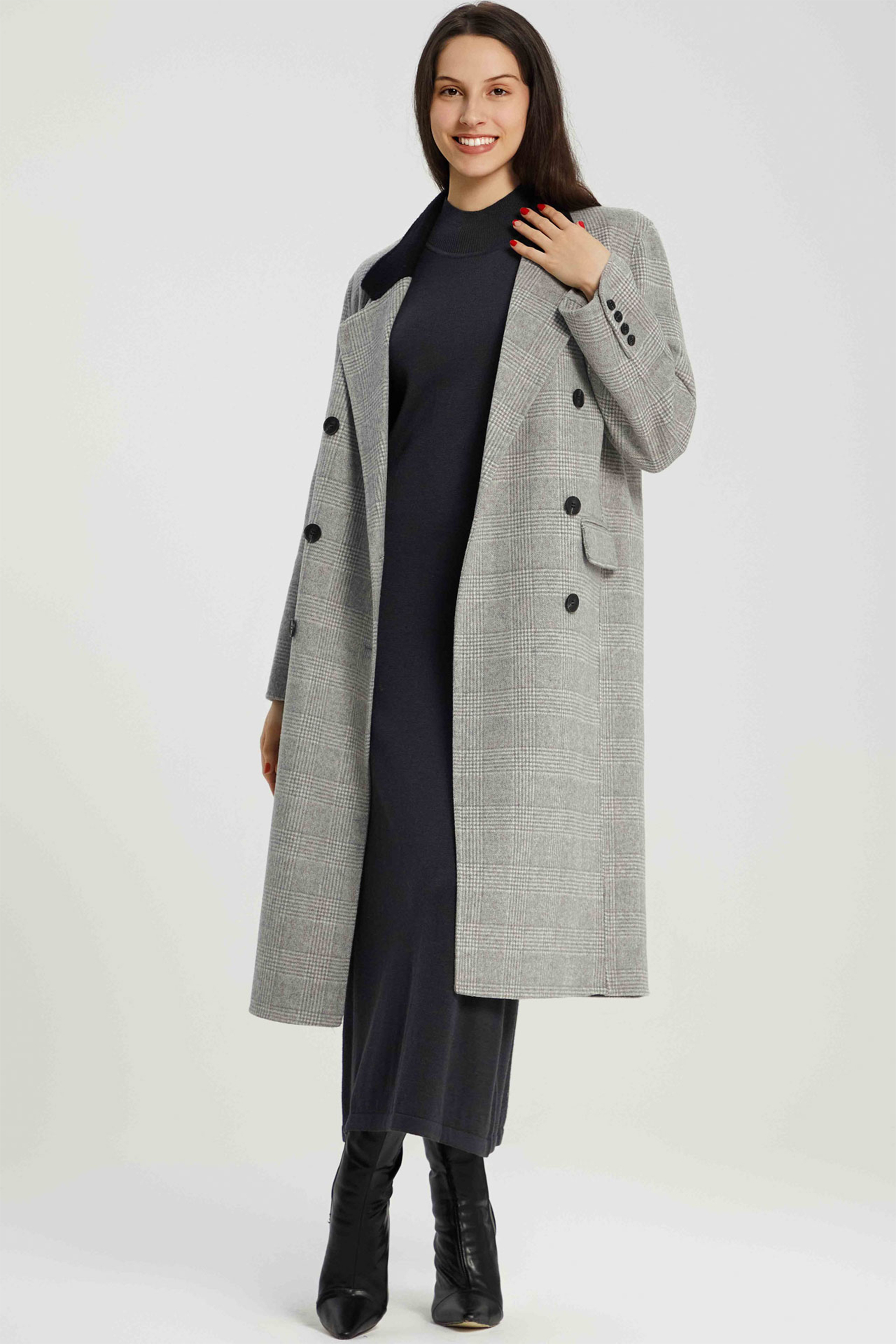 Brina Double Breasted Plaid Wool Coat