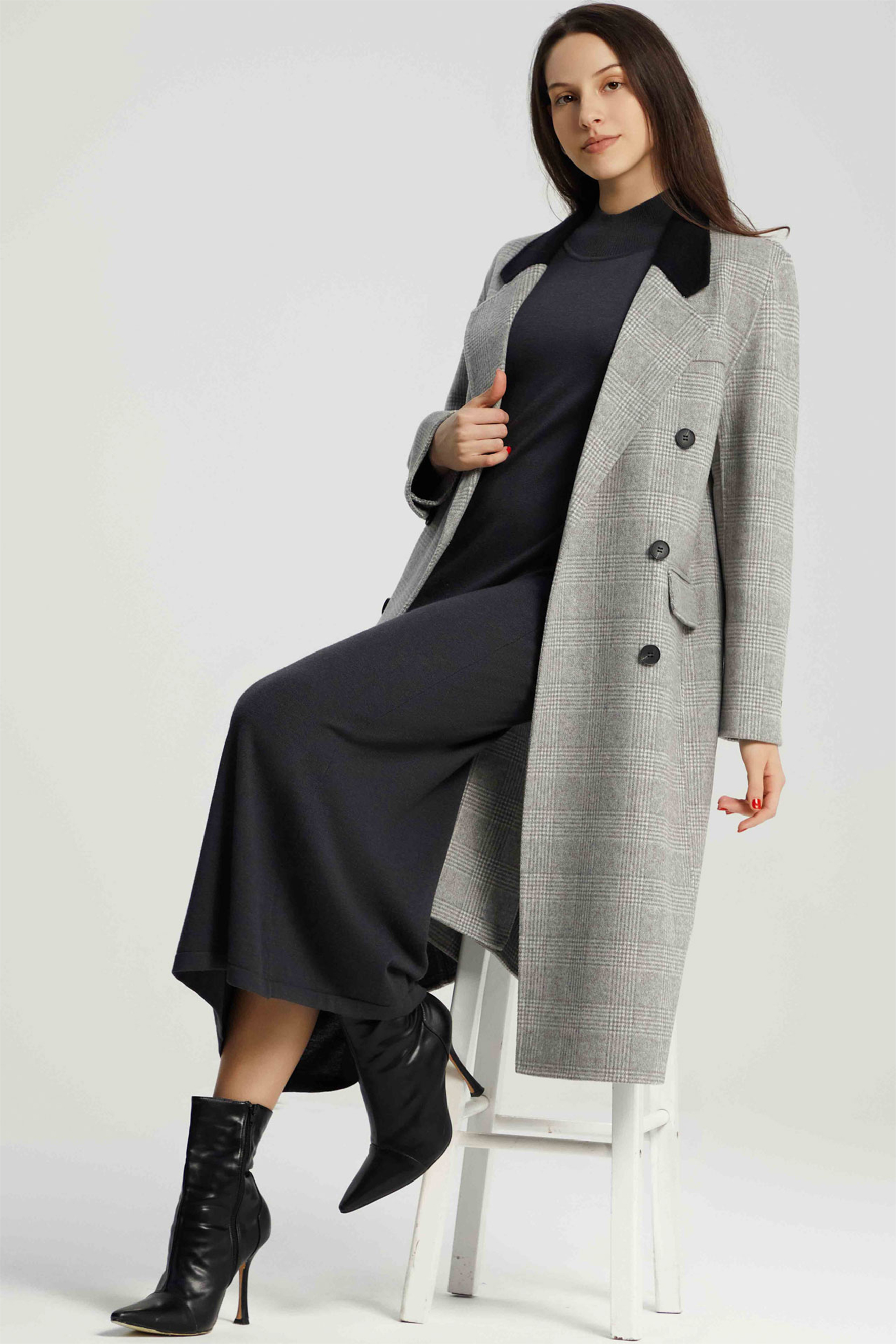 Brina Double Breasted Plaid Wool Coat