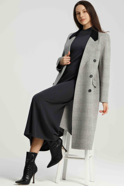 Brina Double Breasted Plaid Wool Coat