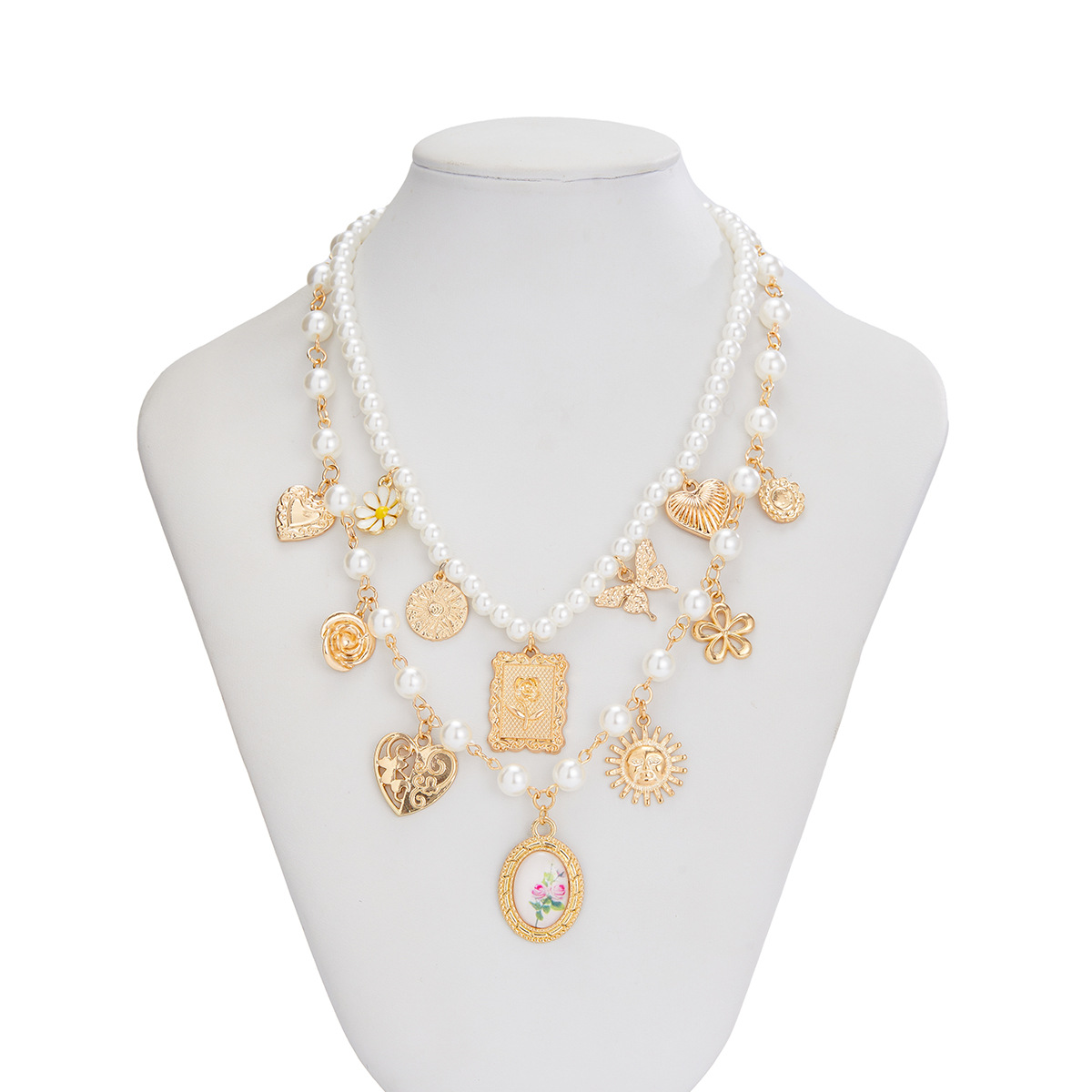 Heart Pendants Layered Pearl Necklace Set