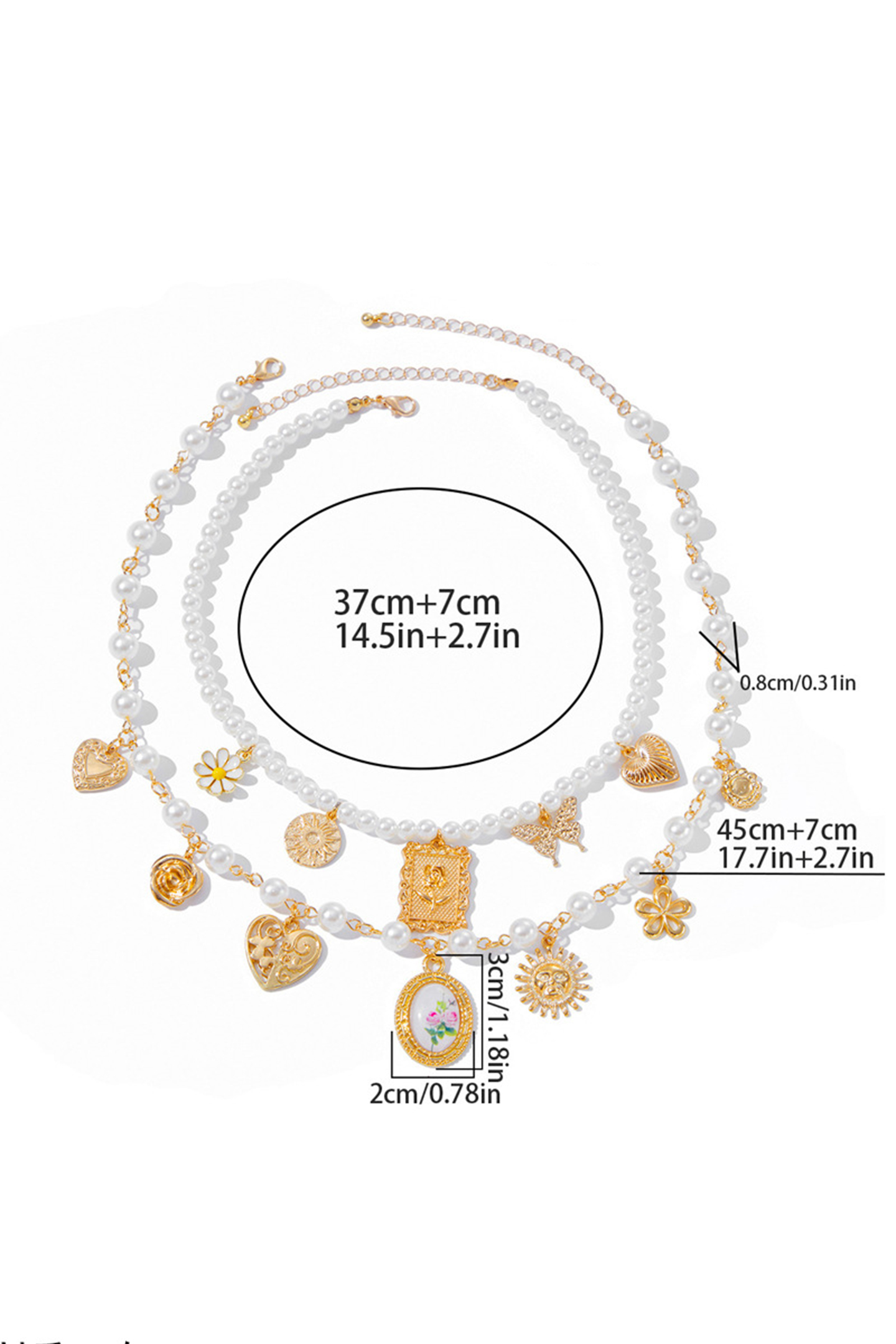 Heart Pendants Layered Pearl Necklace Set