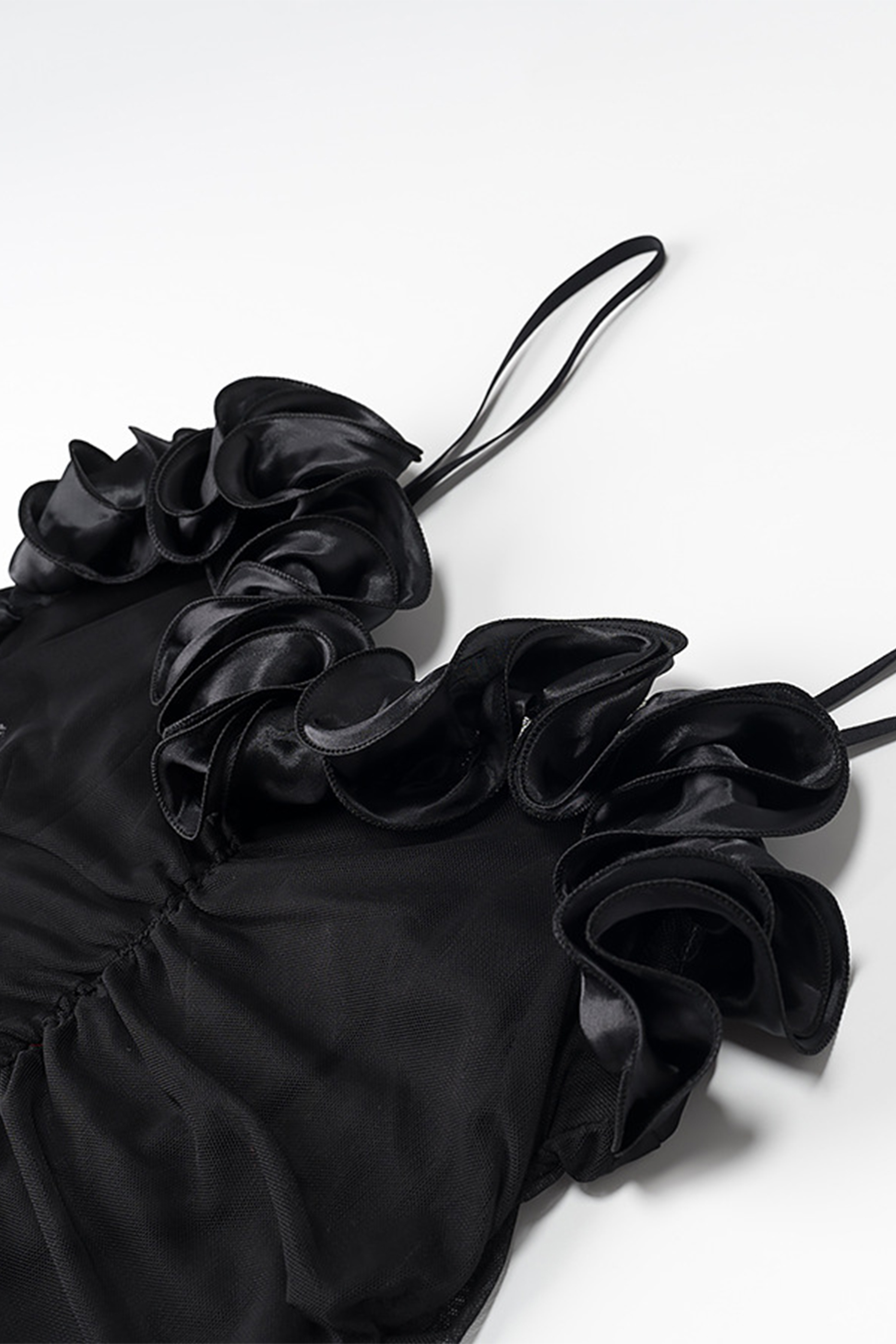 Nora Ruffle Trim Ruched Mesh Midi Dress