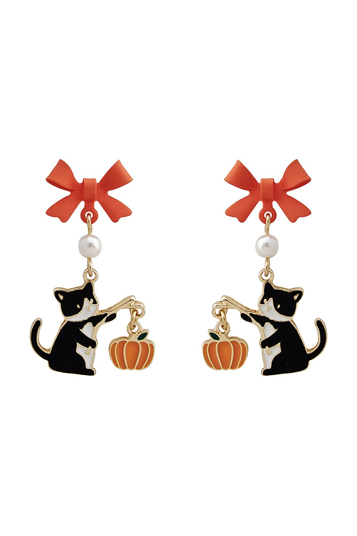 Pumpkin Lantern Cat Drop Earrings-Sunfere