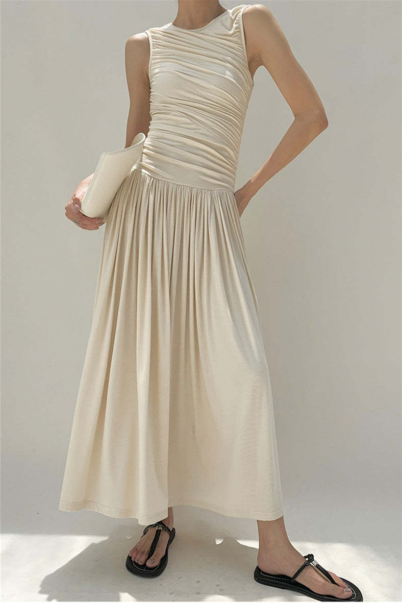 Quintina Round Neck Pleated Maxi Cotton Dress-Sunfere